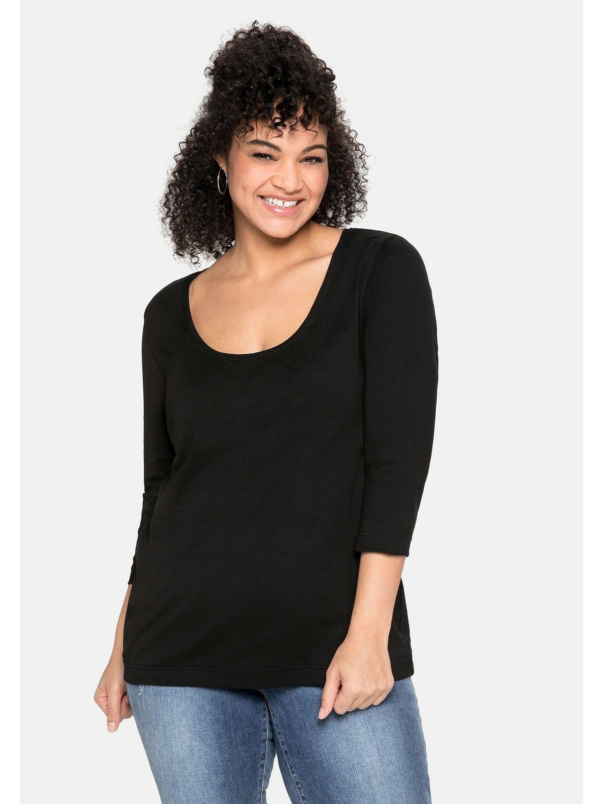 Neuankömmling 3/4-Arm-Shirt aus schwarz Sheego Größen Große Baumwolle reiner