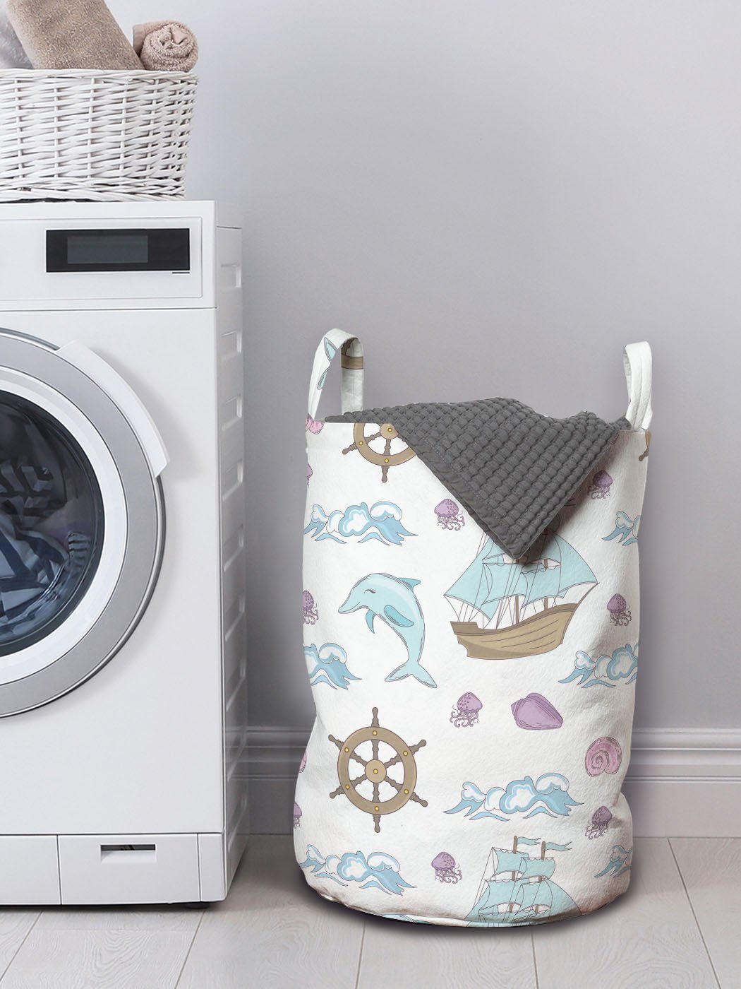 Griffen Pastell Wäschekorb Motiv Abakuhaus Waschsalons, Wäschesäckchen für mit Seekreuzender Nautisch Kordelzugverschluss