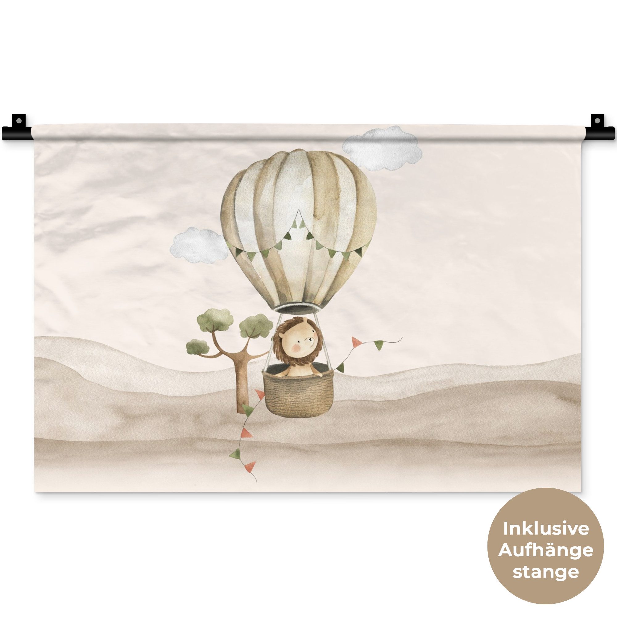MuchoWow Wandteppich Heißluftballon - Löwe - Aquarell - Safari - Tiere, Rechteckig, Höhe: 3 mm, Wandteppich für Wohnzimmer, Schlafzimmer, 60x40 cm