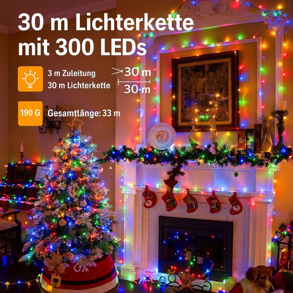 Ollny LED-Lichterkette, 600-flammig, 60m, 8 Lichtmodi, Timer & Memory, IP44 Schutzklasse