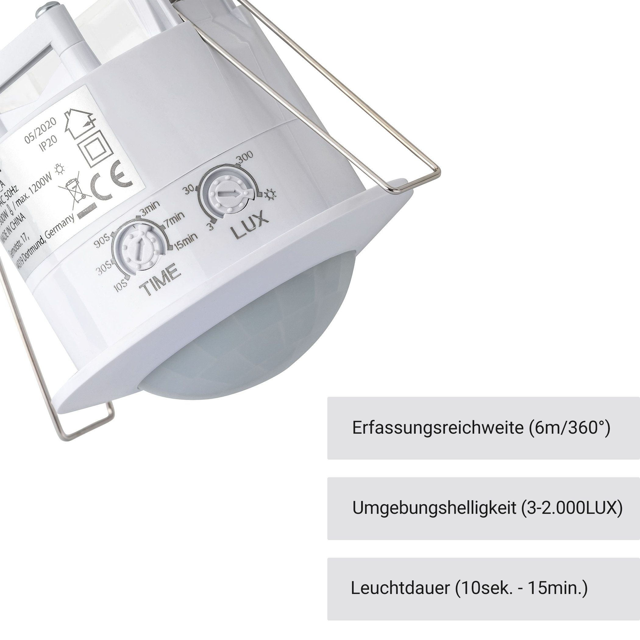 SEBSON Bewegungsmelder Bewegungsmelder programmierbar, Infrarot Sensor, Reichweite 6m / 360°, (1-St), LED geeignet, programmierbar, 360°