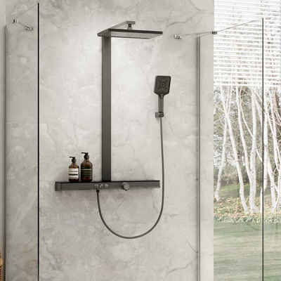EMKE Duschsystem Duschsystem Design Duschset mit Theramostat 38℃ Sicherheitsschlösser, Regendusche, Wasserfall-Auslauf, Handbrause, Mattschwarz