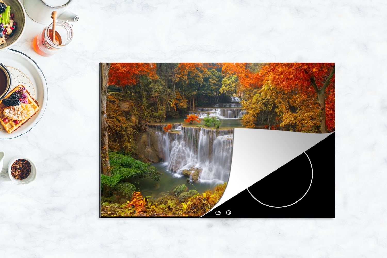 80x52 Herbst, Bäume - küche, Ceranfeldabdeckung cm, Herdblende-/Abdeckplatte Schutz für die MuchoWow (1 Induktionskochfeld Vinyl, tlg), Wasserfall -