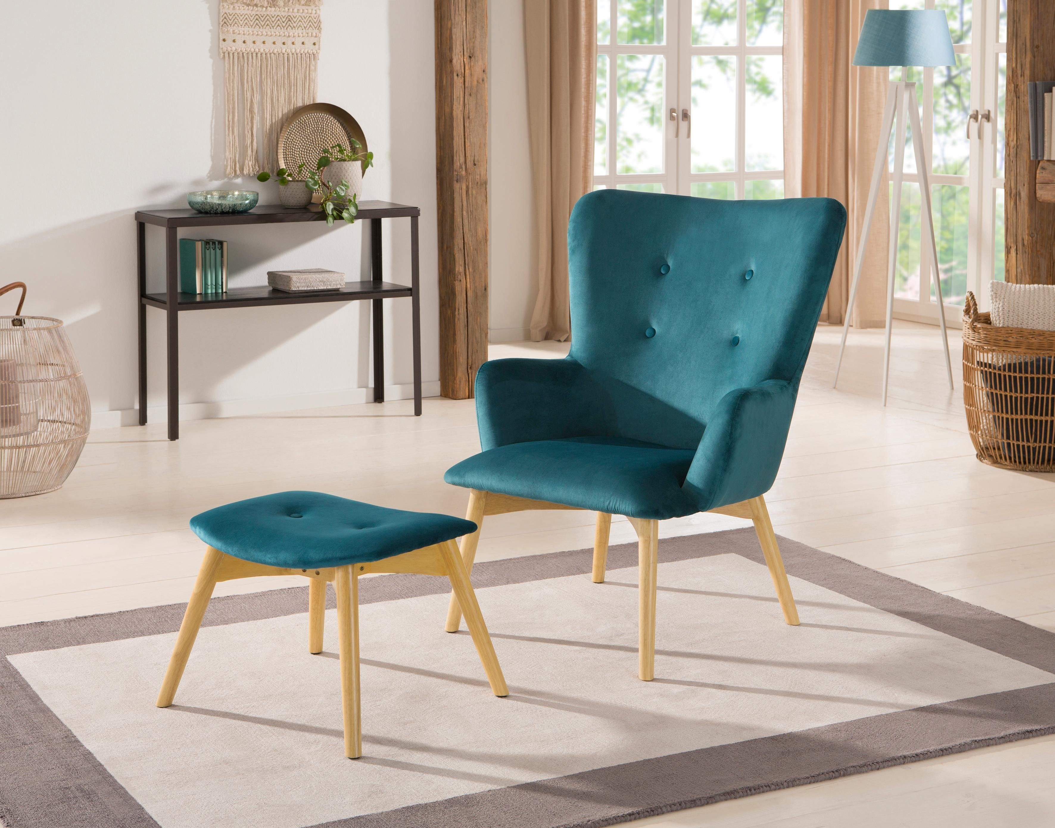 Home affaire Sessel »New York« mit Hocker, hellen Holzbeinen und Knopfheftung - Home affaire