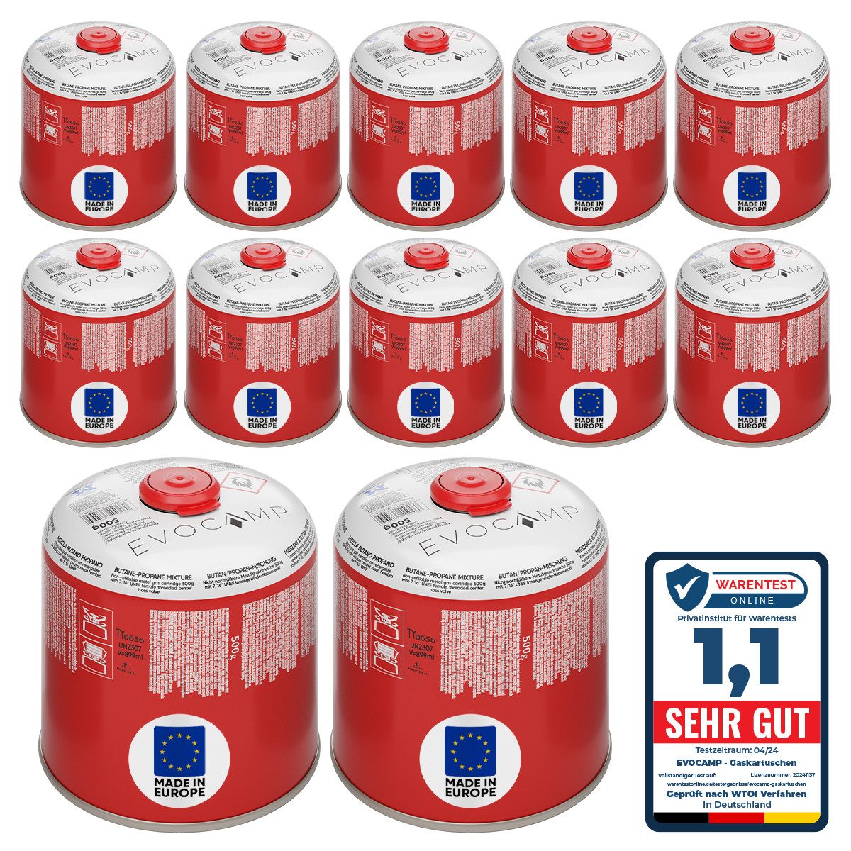 EVOCAMP Gaskartusche 12x Butangas Kartuschen 500g, Schraubkartusche mit Butan/ Propan Gas, 12 St.