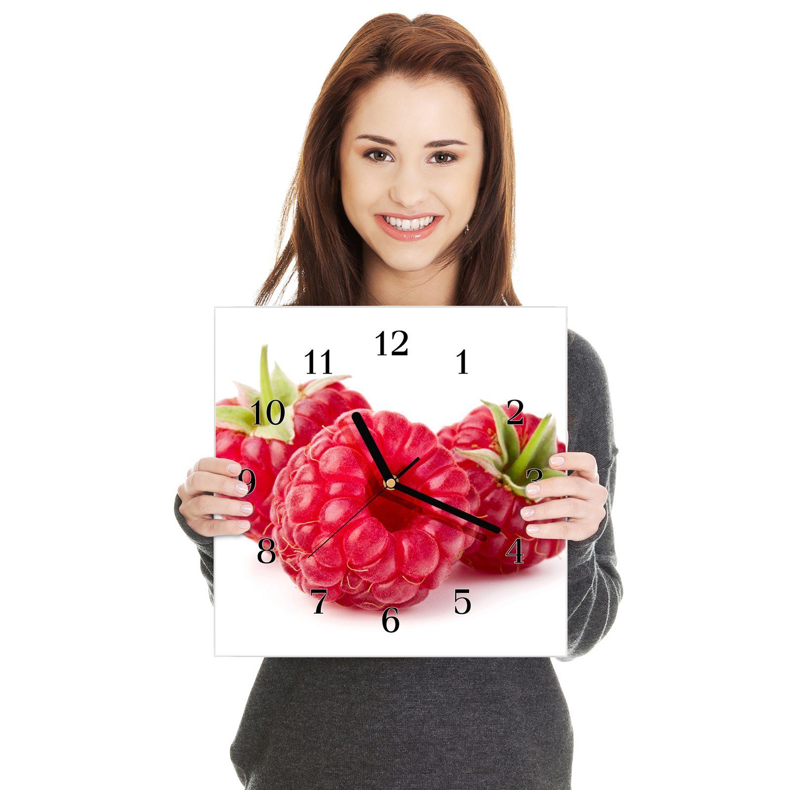 mit 30 30 cm Motiv x Wanduhr Himbeeren Blatt Wanduhr Glasuhr Drei Primedeco Wandkunst mit Größe