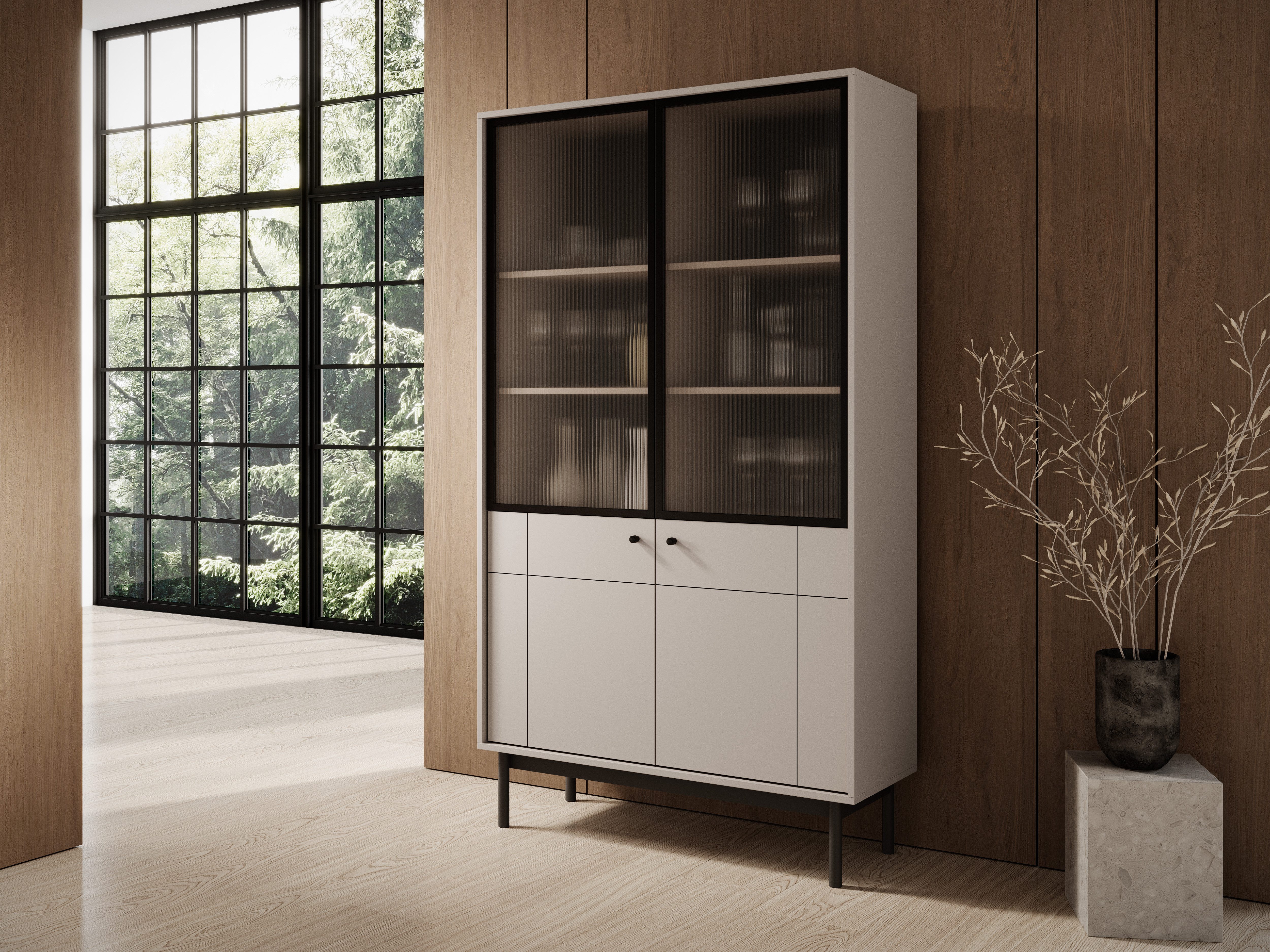Vitrine 104 cm JAPANDI Kaschmir/Linea Eiche