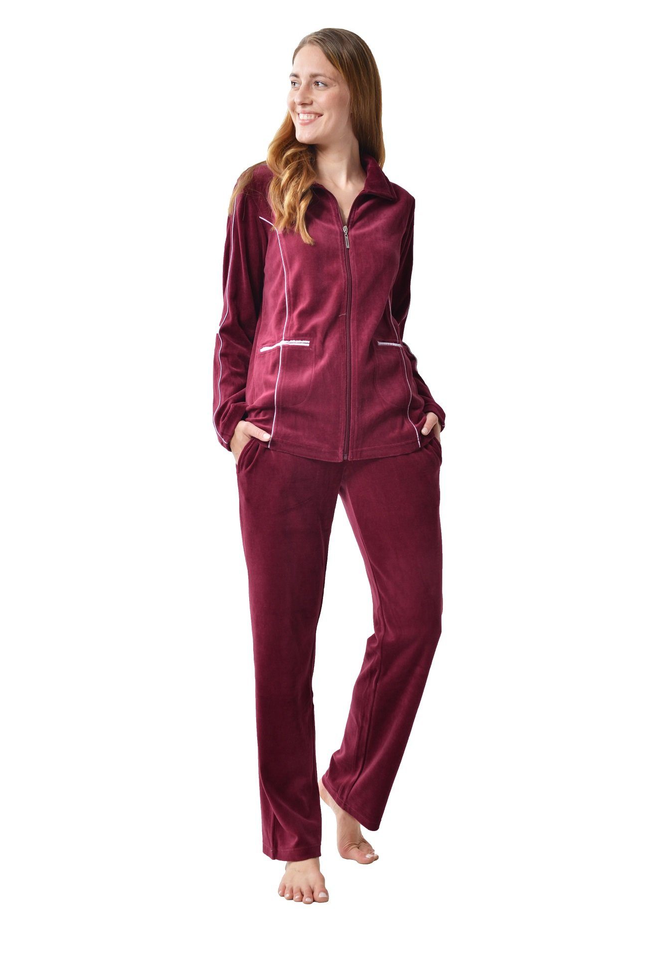 RAIKOU Hausanzug Hausanzüg Nicki Hausanzug Trainingsanzug Freizeitanzug (mit Reißverschluss und Satinband) mit Kontraspaspel-Details