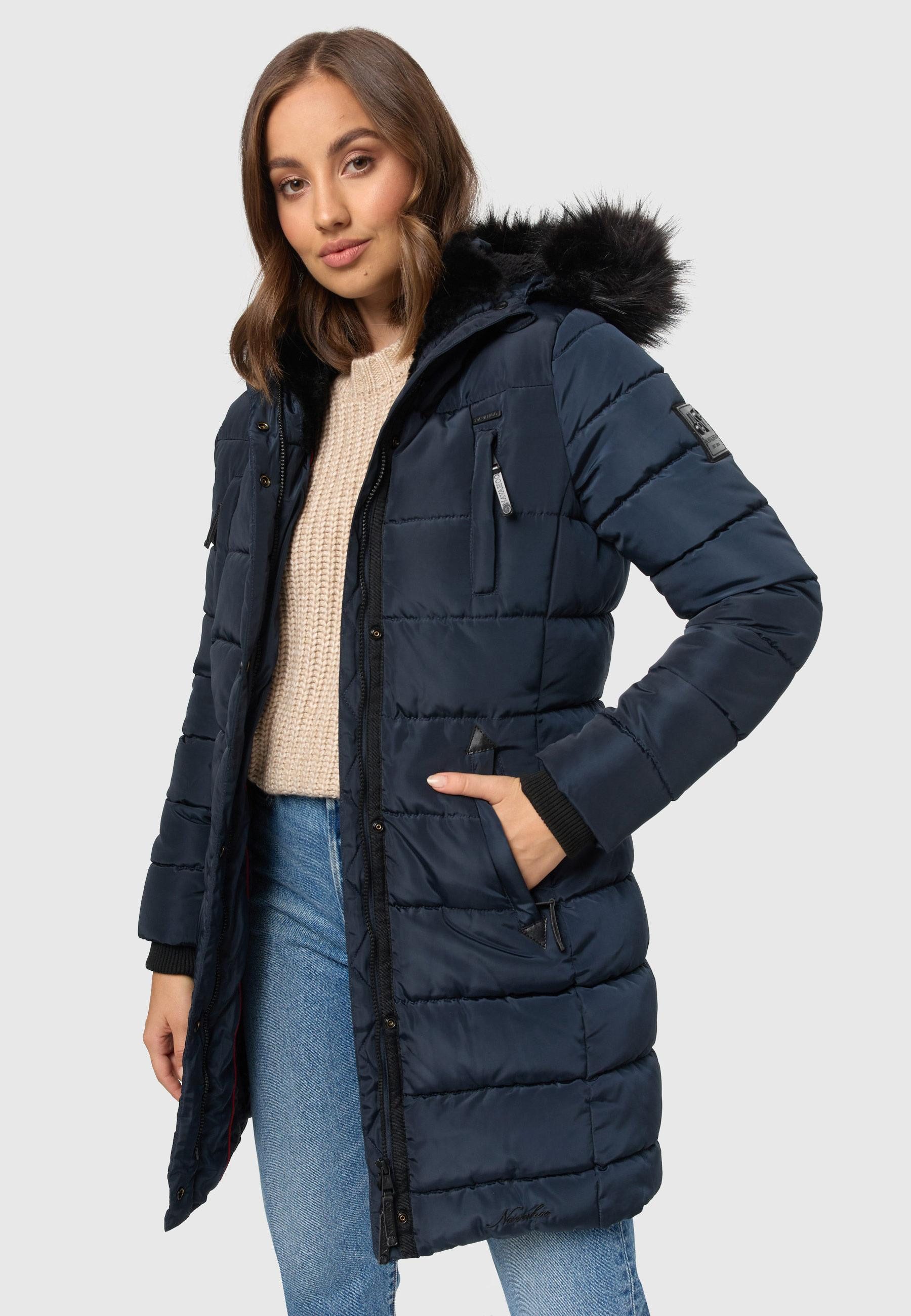 Navahoo Winterjacke Steppjacke lang mit Kapuze – Warm gefüttert Lange Winterjacke mit Teddyfutter und abnehmbarem Kunstfell – Bild 2 von 5