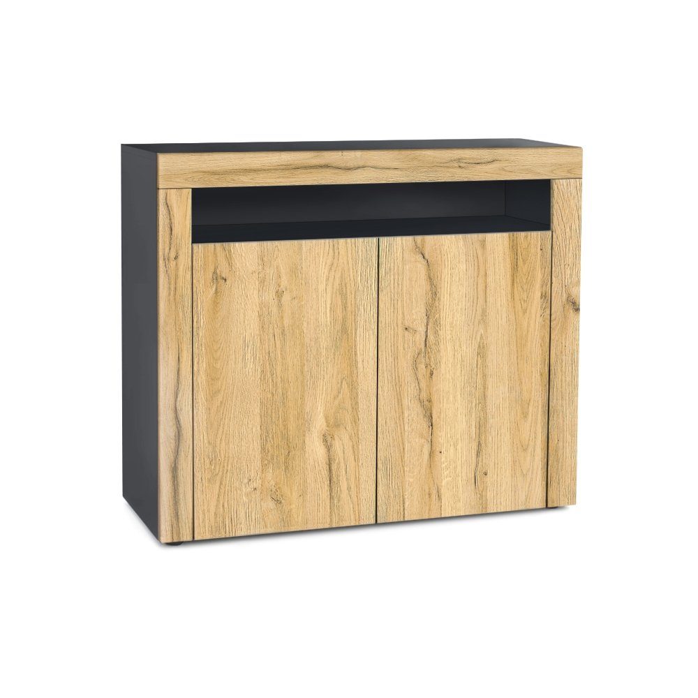 Vladon Kommode Valencia (Kommode, Sideboard mit 2 Türen und 1 offenem Fach), Schwarz matt/Eiche Natur/Eiche Natur (108 x 92 x 40 cm)