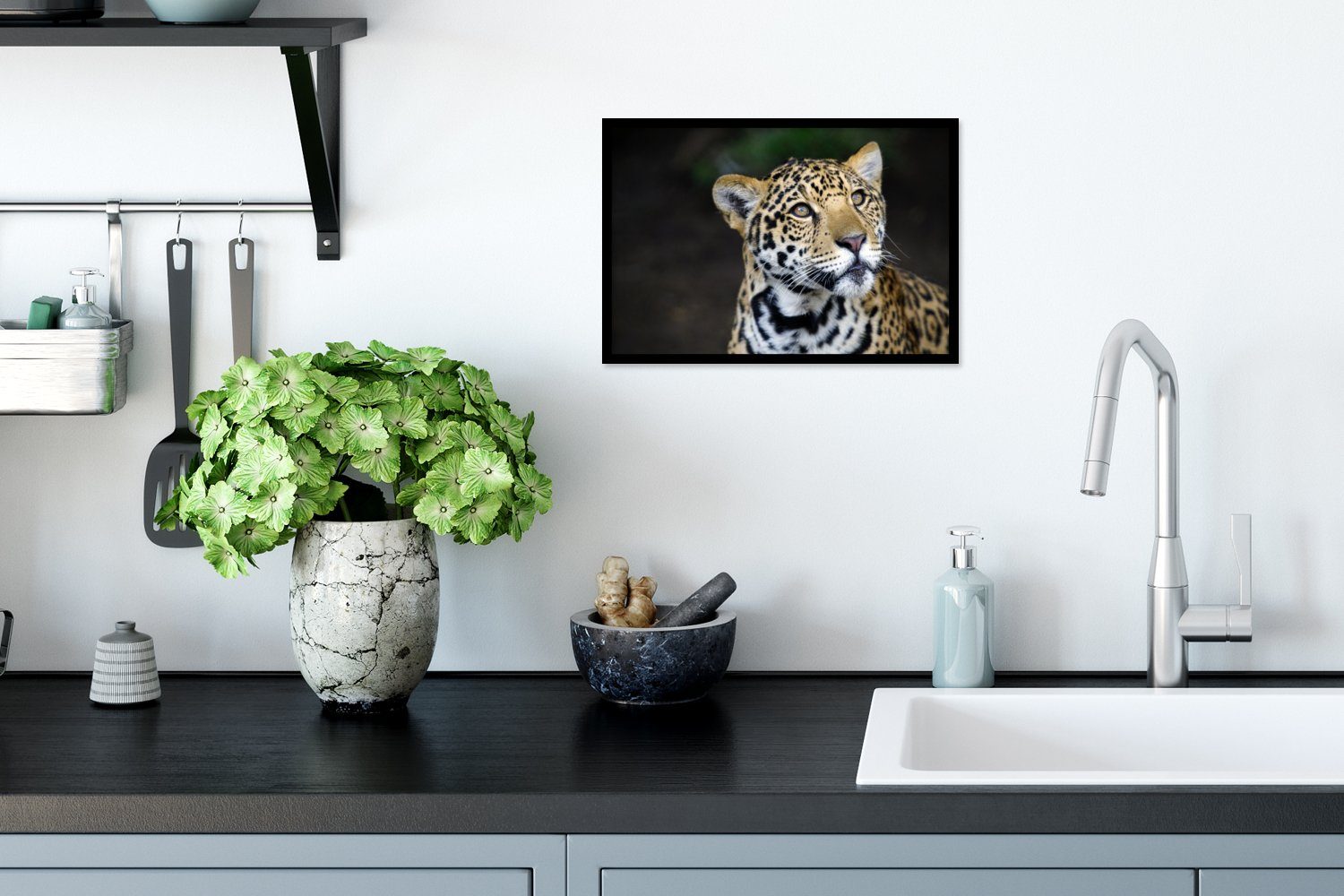 Leopard - MuchoWow Wandposter, Bilder, Kopf - (1 Poster, St), Wanddeko, Schwarzem Poster Gerahmtes Wald, Bilderrahmen
