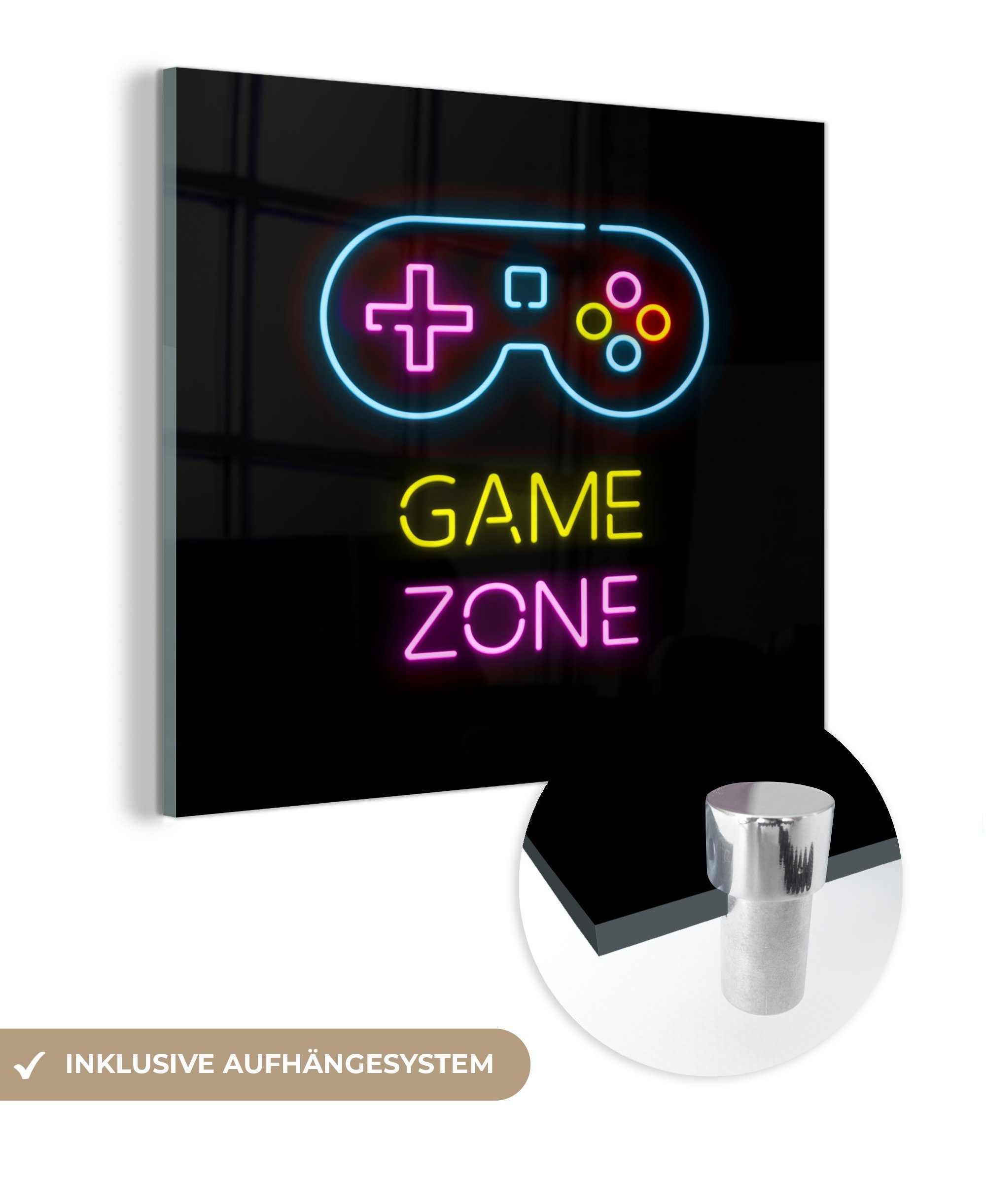 MuchoWow Acrylglasbild Controller - Spiel - Neon - Schwarz - Zitate - Spielzone, (1 St), Glasbilder - Bilder auf Glas Wandbild - Foto auf Glas - Wanddekoration bunt