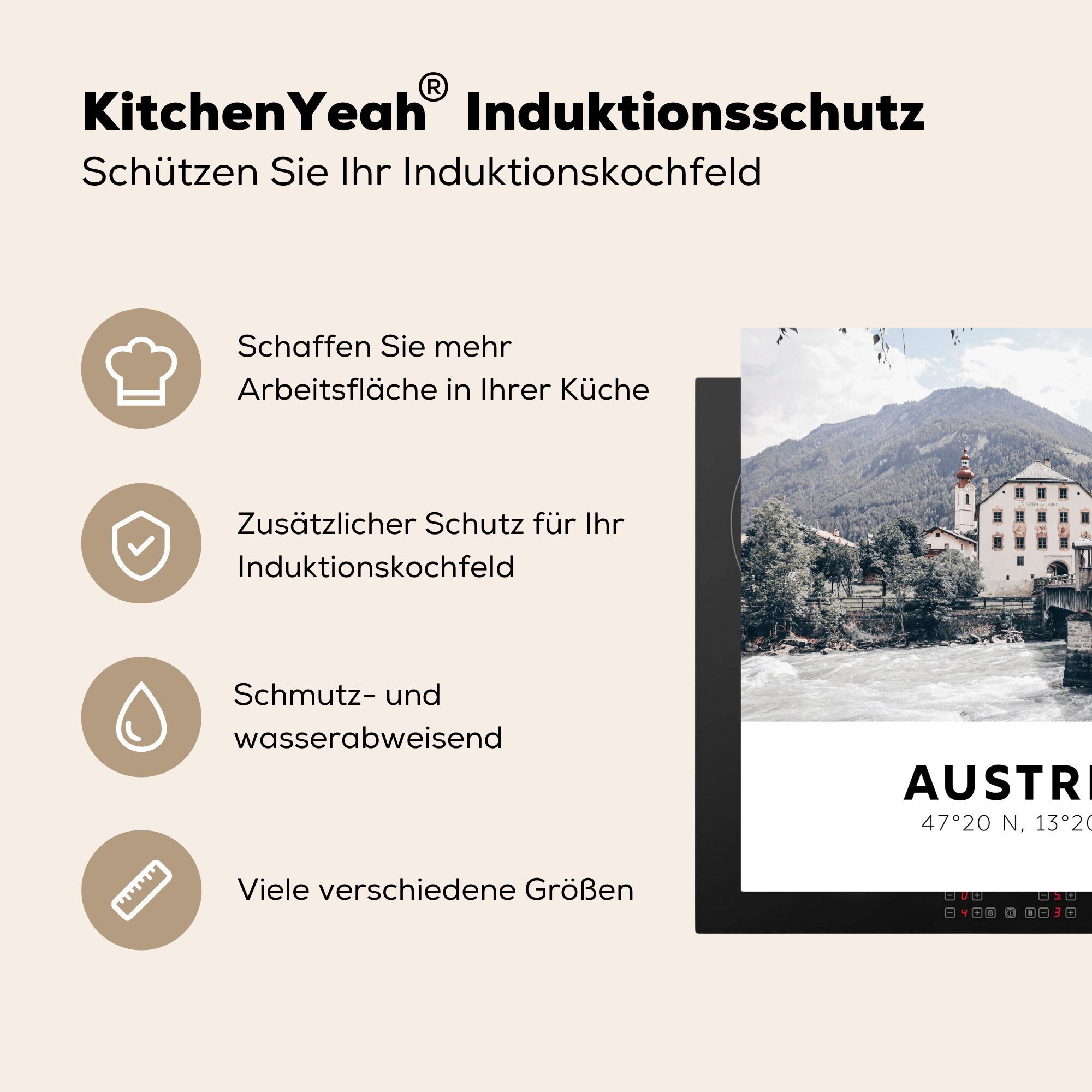 Bäume, MuchoWow - Fluss Österreich Arbeitsplatte - Herdblende-/Abdeckplatte 78x78 küche cm, (1 für Ceranfeldabdeckung, tlg), Vinyl,