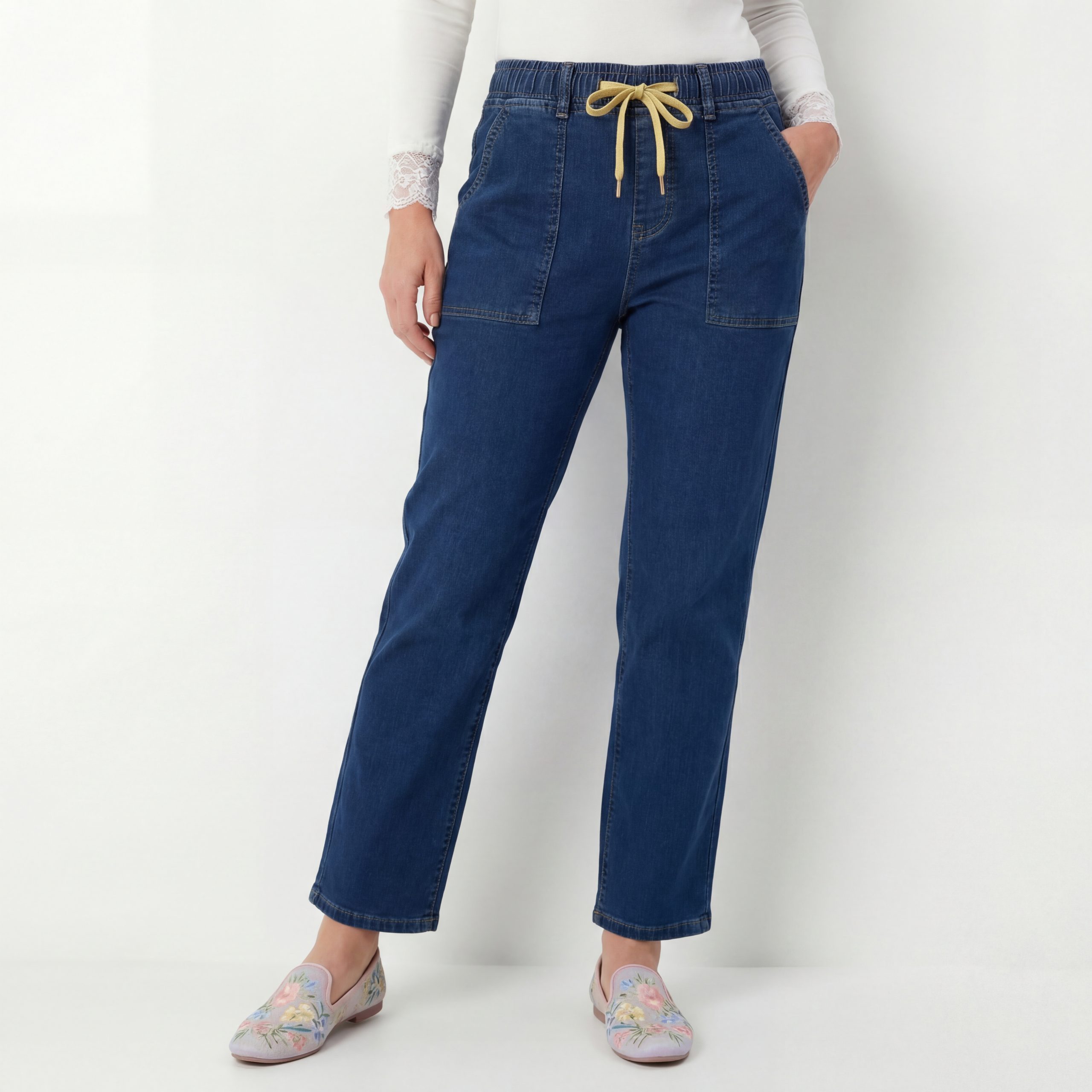 Cherry Berry Stretch-Jeans Bequeme Jeans Damen Straight Leg Jeanshose Gummizug erhältlich in 36 bis 46, Kurzgröße (maximale Körpergröße bis 1,68m)