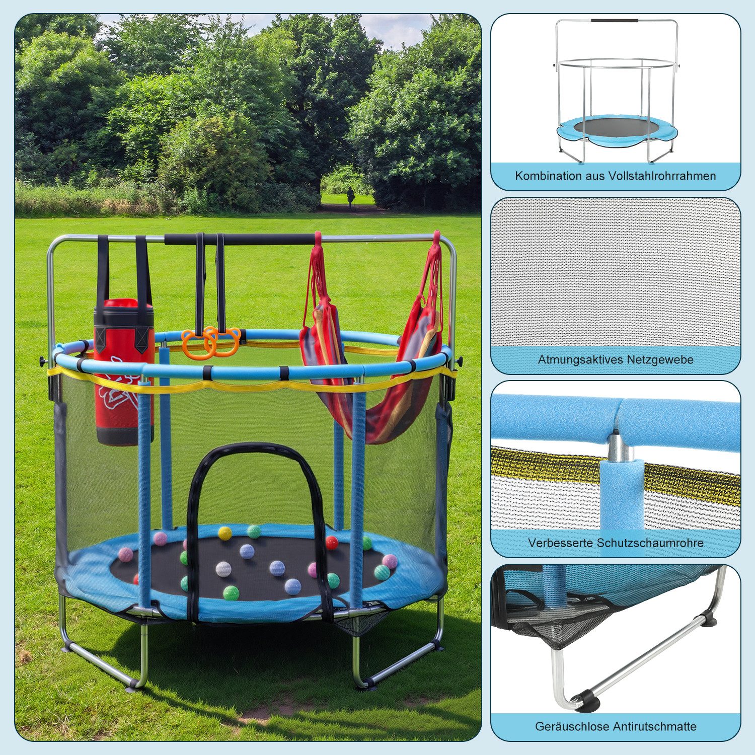 kehot Kindertrampolin Kinder Trampolin mit Sicherheitsnetz,Turnstange, Innen-/Außenbereich, Ø 140 cm, mit 10 kleine Bälle,2 Hängeringe,1 Basketballset,Schaukel,Sandsack