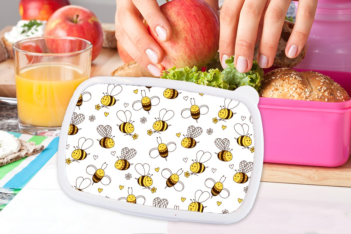 Brotbox (2-tlg), MuchoWow rosa - Erwachsene, - Snackbox, Kunststoff, Brotdose für Mädchen, Blumen Lunchbox Herz Kinder, Kunststoff Muster, Biene -