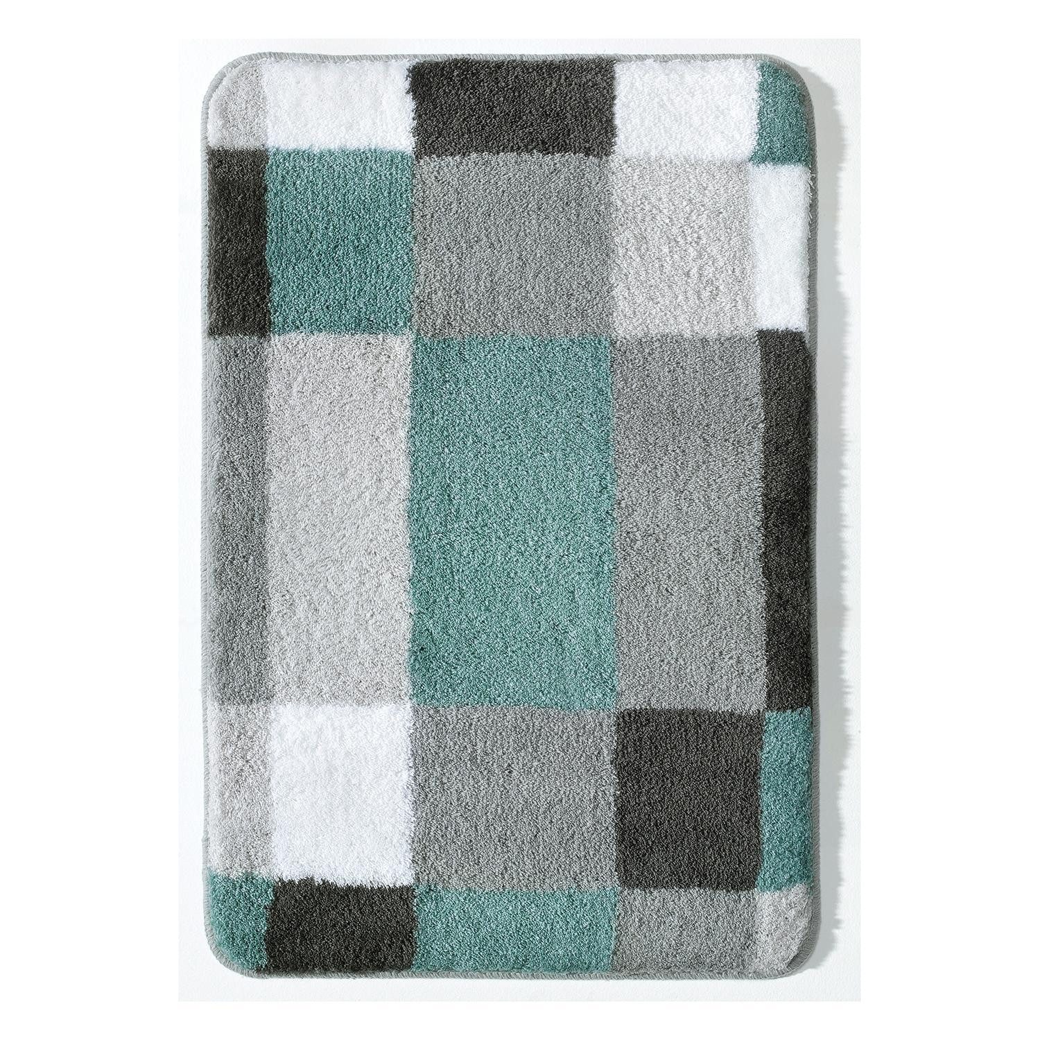 Kleine Wolke Badematte EDGE, 50 x 60 cm, Blau, Weiß, Grau, Karomuster, Höhe 20 mm, rutschhemmend beschichtet, fußbodenheizungsgeeignet, Polyacryl, rechteckig, waschbar