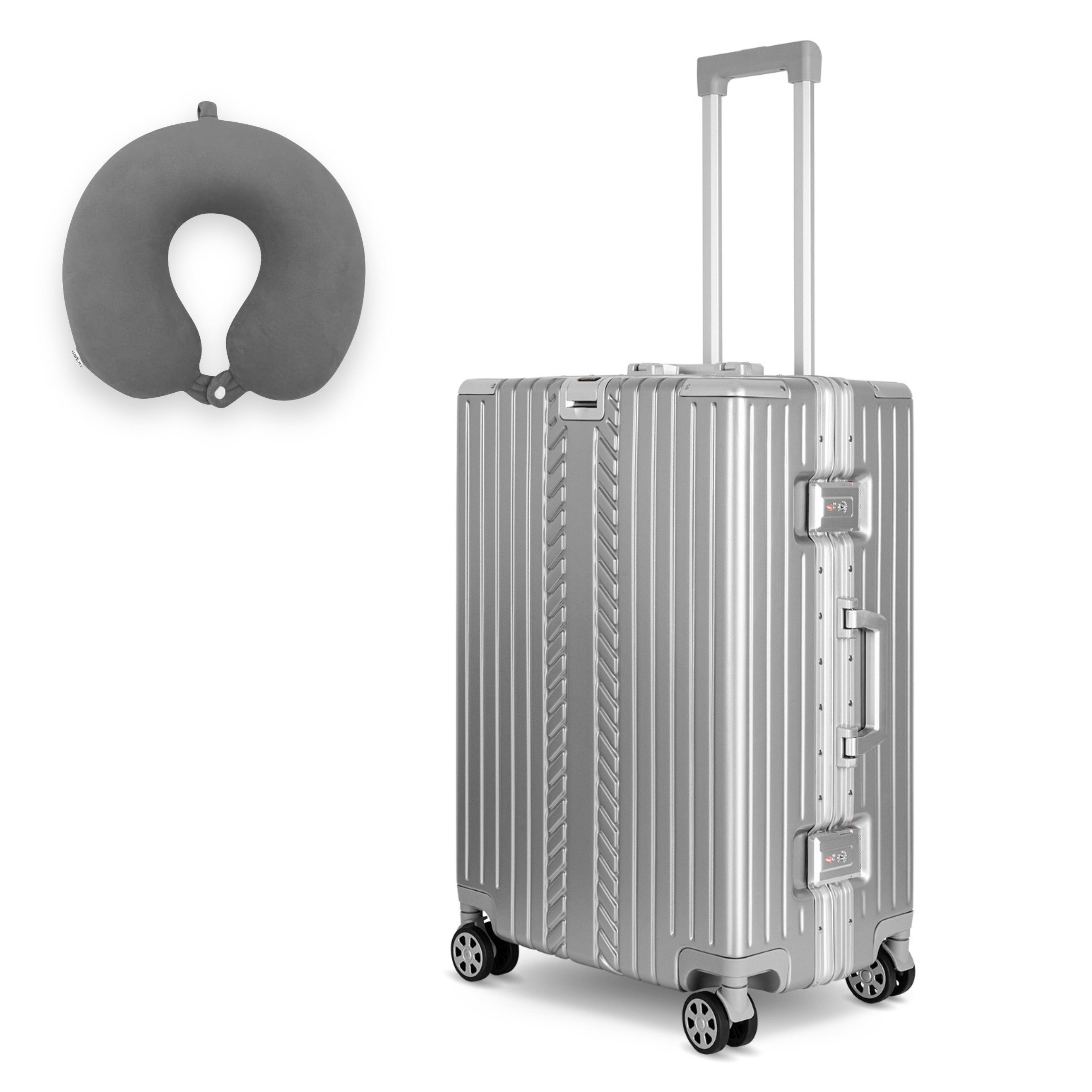 WINLIFE Trolley Hartschalen-Koffer Alu-Rahmen Silber Trolley M, L, XL + Nackenkissen, 4 Doppelrollen Rollen, ABS+PC-Hartschale, TSA-Zahlenschloss, 360°-Doppelrollen
