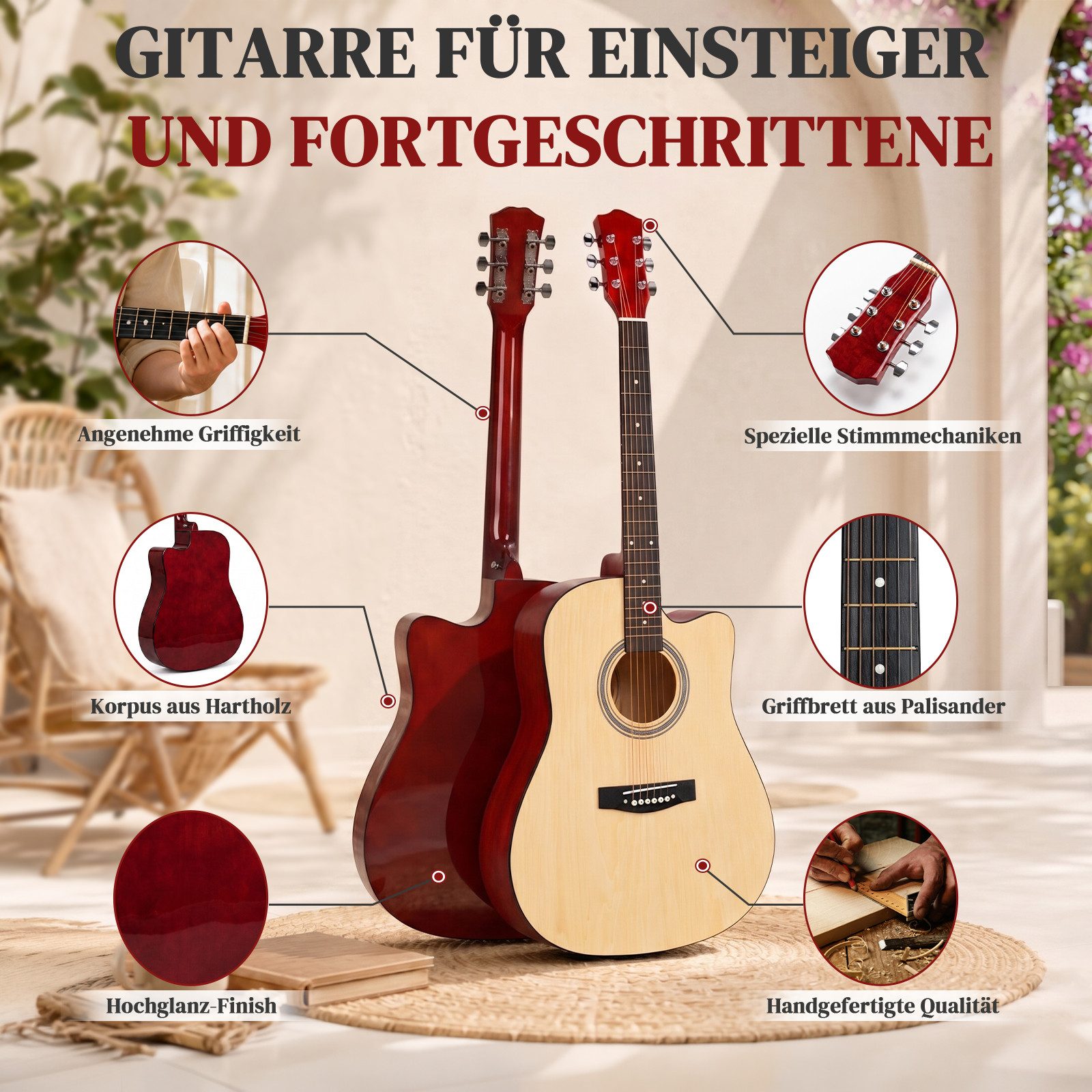 LALAHO Akustikgitarre 41 Inch Hartholz Cutaway mit Griffbrett,Konzertgitarre Westerngitarren, Set inkl. Tasche, Ersatzsaiten, Gurt und Plektren – Bild 3 von 5