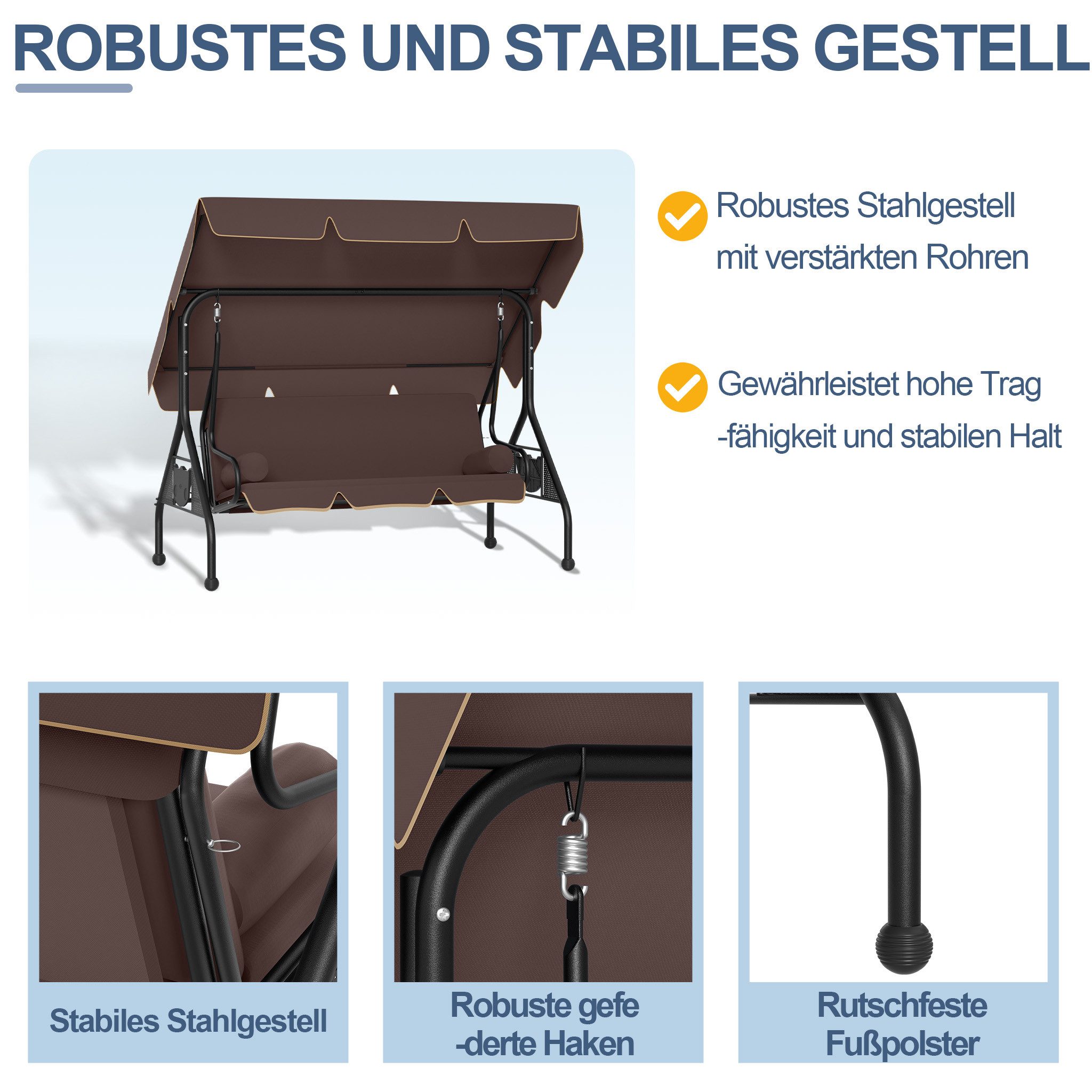 FIVMEN Hollywoodschaukel 3-Sitzer Schaukelbank mit Verstellbarem Sonnendach Sitzkissen, Gartenschaukel für Terrasse Balkon Gartenliege bis 350 kg