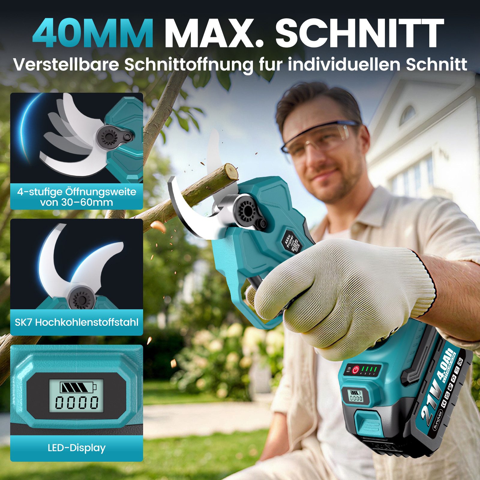 Bundviel Akku-Hochentaster Teleskop Astsäge Astschere Teleskopsäge Akku Kettensäge Hochentaster, bis 235,5 m Arbeitshöhe, Bürstenloser Motor, mit 2× 4000mAh Akku