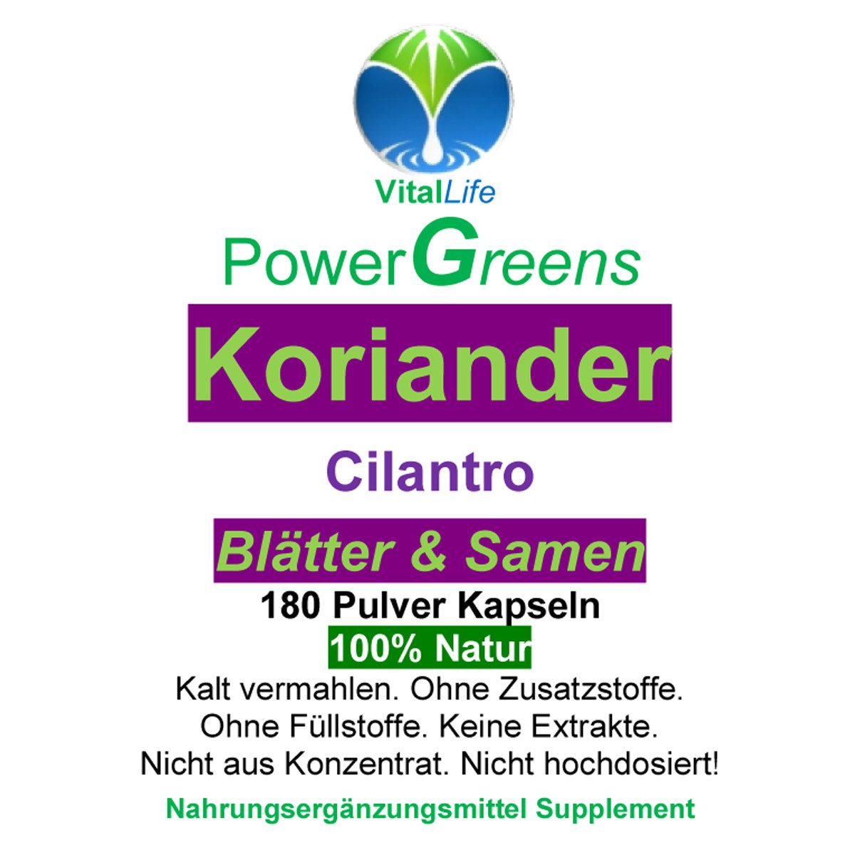 VitalLife Koriander Cilantro Blätter & Samen Natur Pur OHNE Zusatzstoffe Kapseln, 4 er Dose à 180 St., 288 g, Art. 26422-720