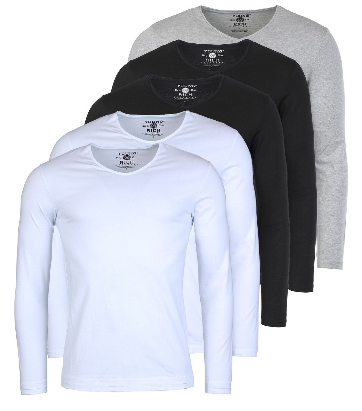 Young & Rich Langarmshirt Herren Uni Basic Longsleeve V-Ausschnitt Unterziehshirt 2001 5er Pack (5er-Pack, 5-tlg., 5er-Pack) V-Ausschnitt unifarben langarm slim fit