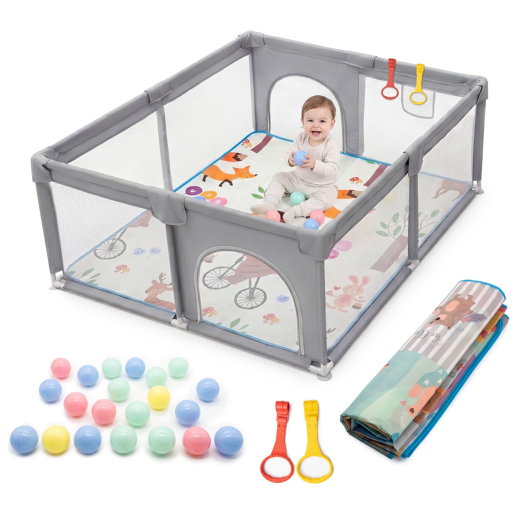 Allyson Laufgitter Laufstall Baby mit Matte, Baby Playpen Kinderlaufstall, Saugnäpfe & Stahlrahmen Inkl. 20 Spielbällen, Matte & 2 Haltegriffen
