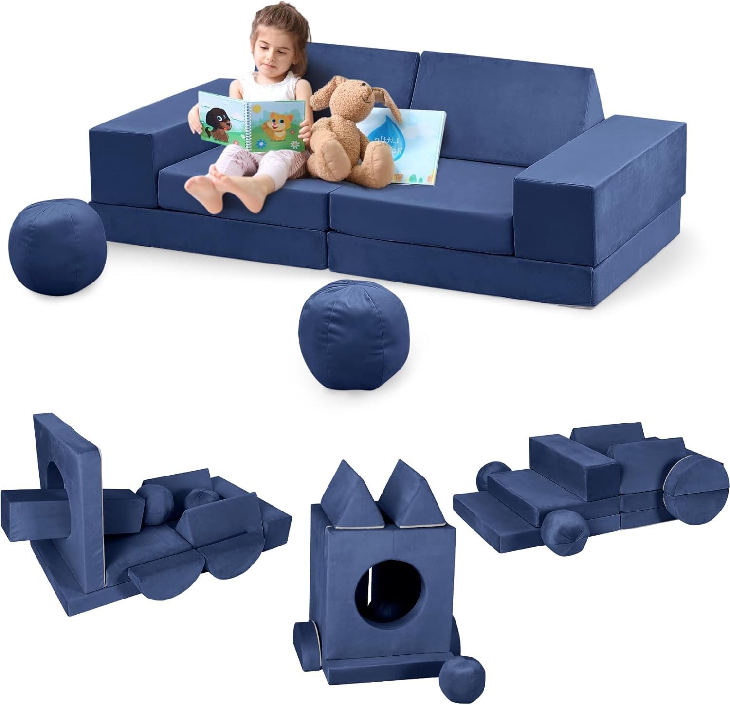 GarveeMore Kindersofa 12-teiliges,modulares Spielsofa für Kinder Förderung Kreativität, Ecksofa für Schlafzimmer- und Spielzimmermöbel zum Schlafen und Lesen