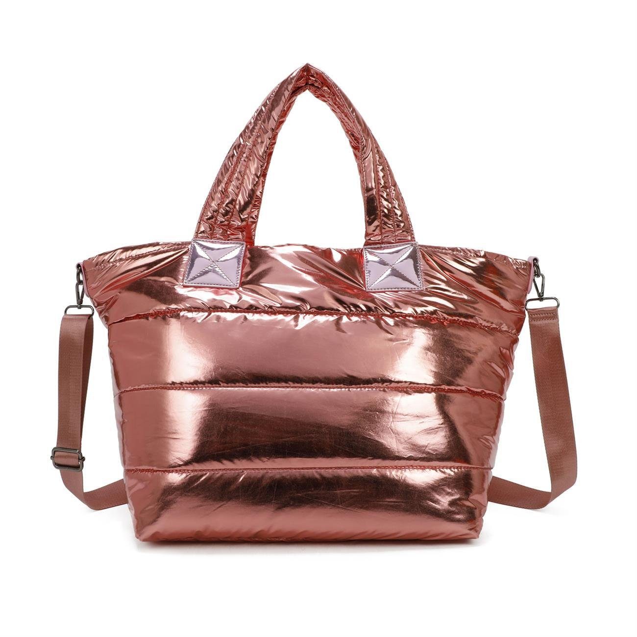 ITALYSHOP24 Schultertasche XL Damen Nylontasche Shopper Strandtasche  glänzend, als Handtasche, Umhängetasche, Reisetasche, Weekender