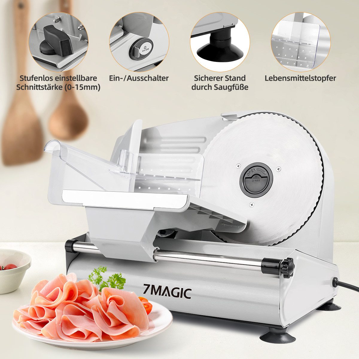 7MAGIC Allesschneider Brotschneidemaschine, Elektrischer Allesschneider Edelstahl, 200 W, Mit abnehmbarer 2 x 19 cm Klinge, 0–15 präziser Dickenknopf Schnitt