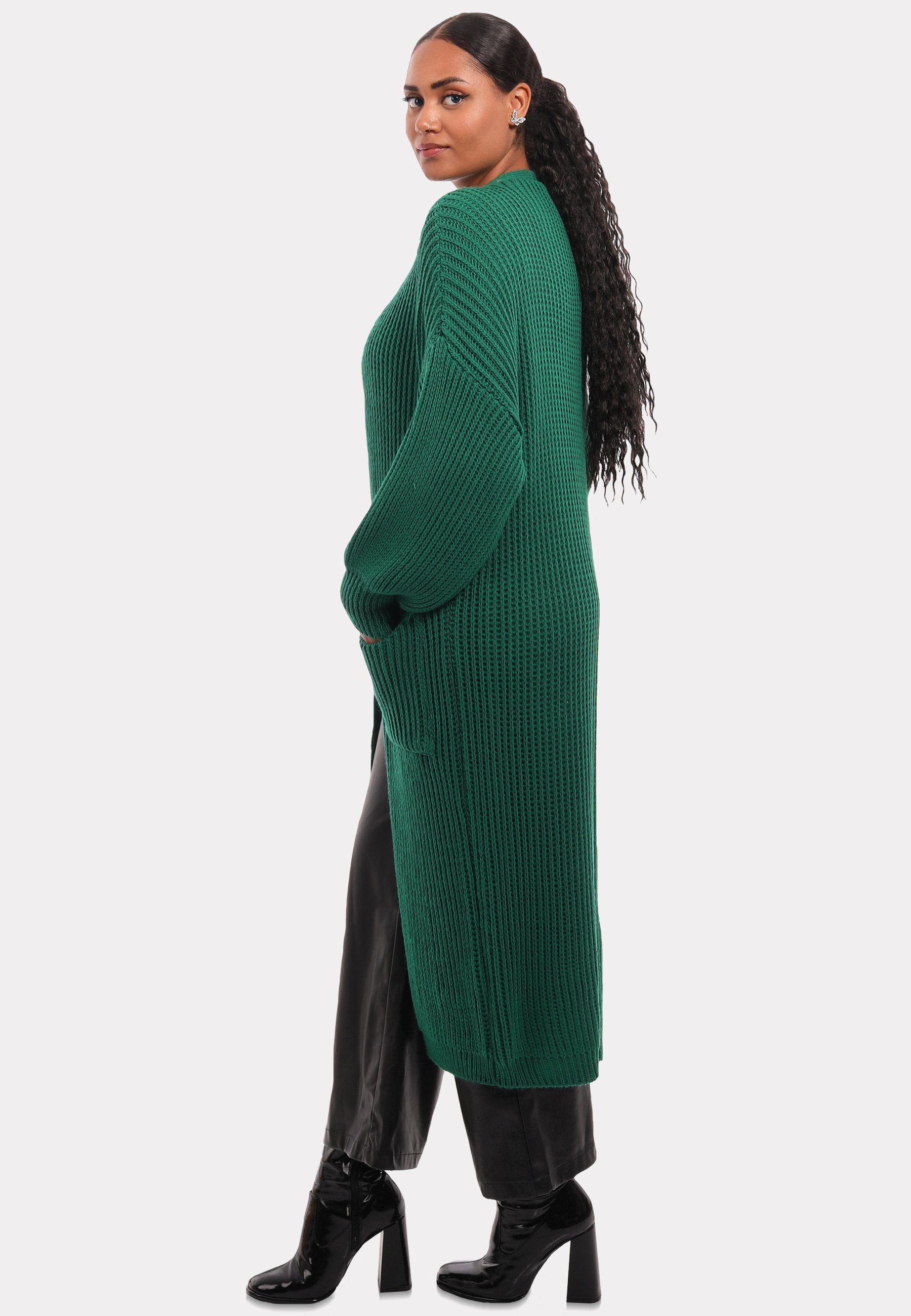 Cardigan Taschen Style YC & Unifarbe, Fashion Strickjacke in mit Cardigan aufgesetzten grün Verschlusslos Basic