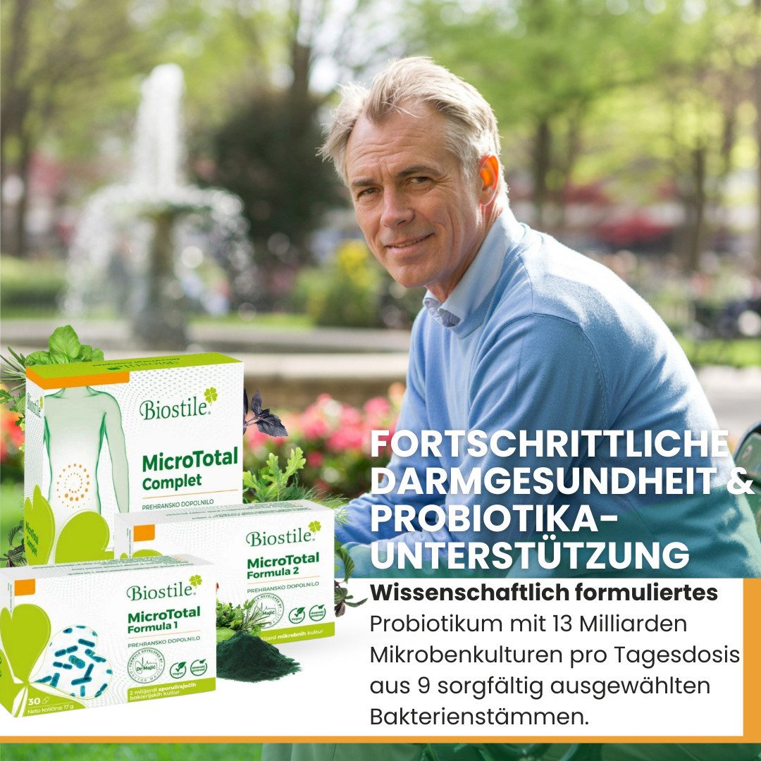 Biostile MicroTotal Complet mit 2 Formeln und 9 Bakterienstämmen - Kapseln, 34 g, Mit Inulin, Spirulina, Beta-Carotin und Vitamin A, 60 Kapseln