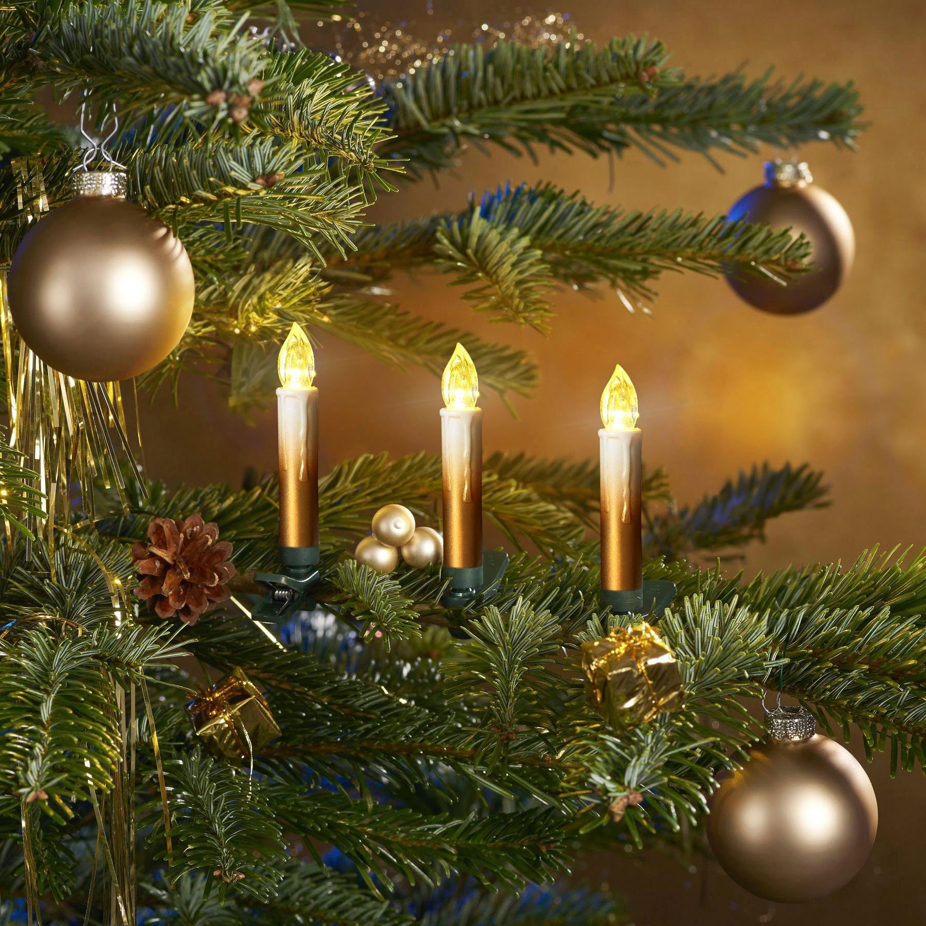 OTTO home LED-Christbaumkerzen Set 25 Stück m. Batterie, Fernbedienung, Timer, goldener Farbverlauf, 25-flammig, warmweiß, mit Dimm-/Flacker- und Timerfunktion  – Bild 5 von 5