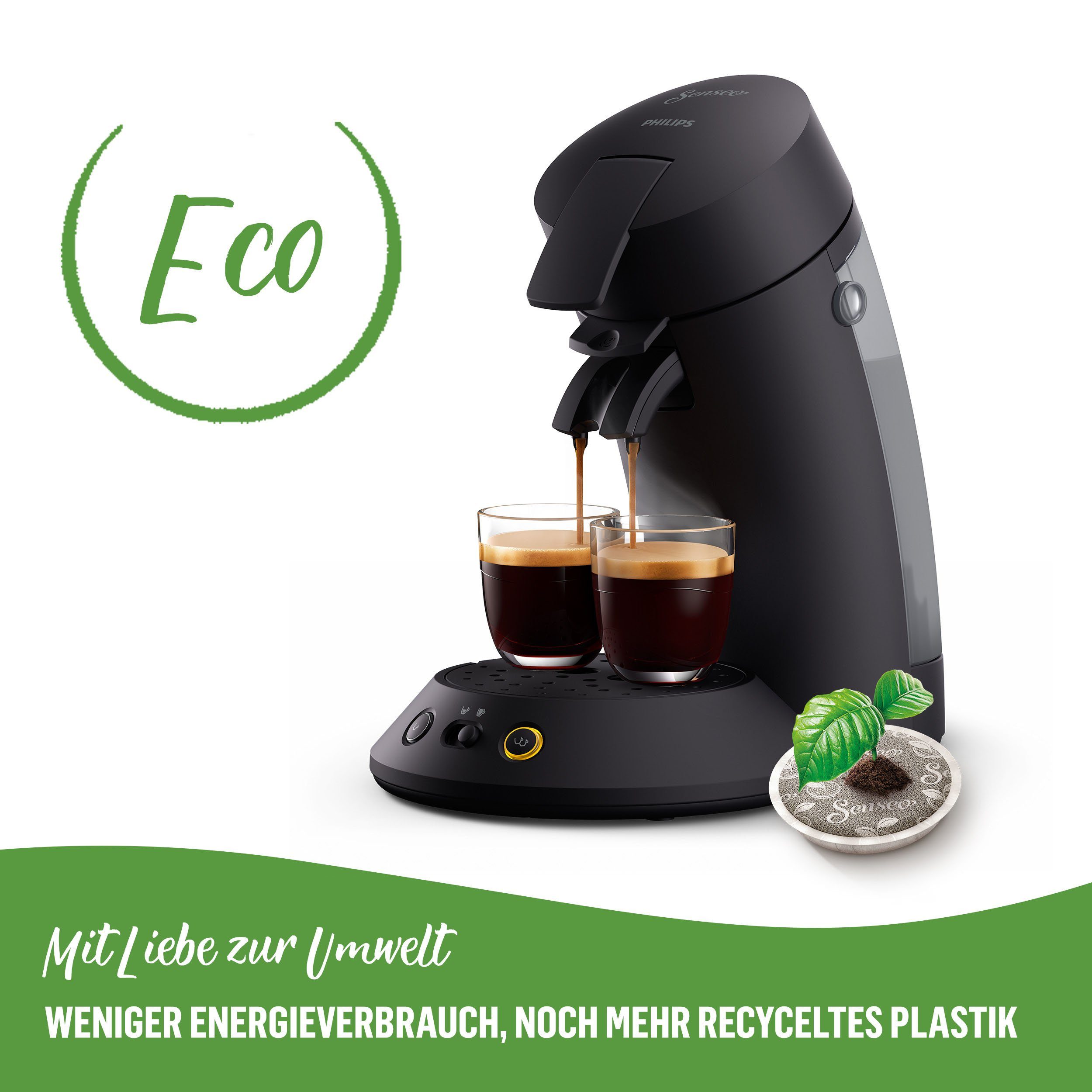 Philips Senseo Kaffeepadmaschine Original Plus ECO CSA210/22, mit zwei Kaffee-Einstellungen, aus 80% rec. Plastik schwarz