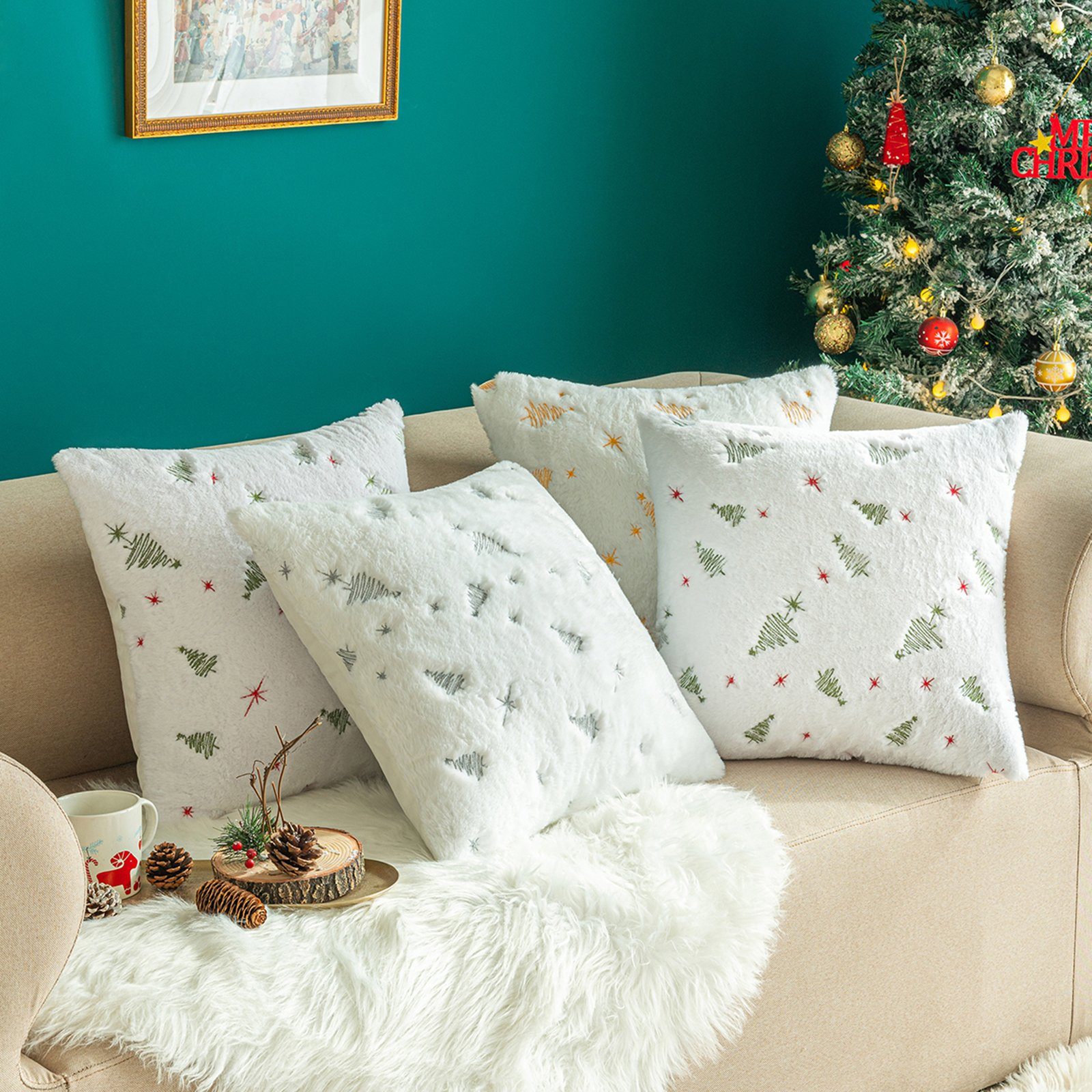zotteliger Rosnek Gold+Silber+Grün+grasgrün Sofa Kissenbezug Deko, einseitig, Bett Plüsch weihnachtlich, 45*45cm, (4 1/2/4Stück, Stück), für