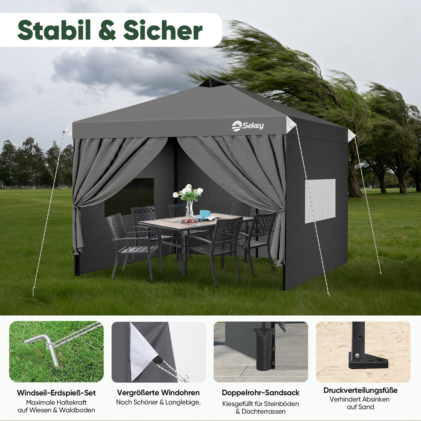 Sekey Faltpavillon 3x3 m Gartenpavillon mit 4 Seitenteilen und Privatsphären Fenster, mit 4 Seitenteilen, (Inklusive 4 Sandsäcke), 3 wählbare Höhen: 250cm, 260c – Bild 4 von 5