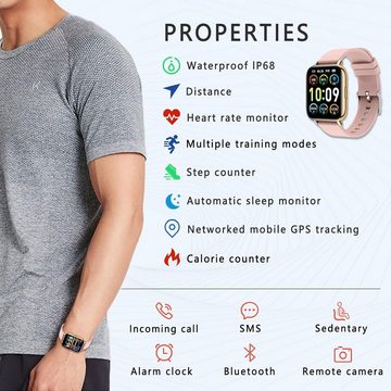 MicLee Fur Damen Herren T ouch-Farbdisplay Wasserdicht IP68 Smartwatch (1,69 Zoll, Android iOS), mit Pulsmesser Schlafmonitor Fitness Tracker Schrittzähler SportUhr