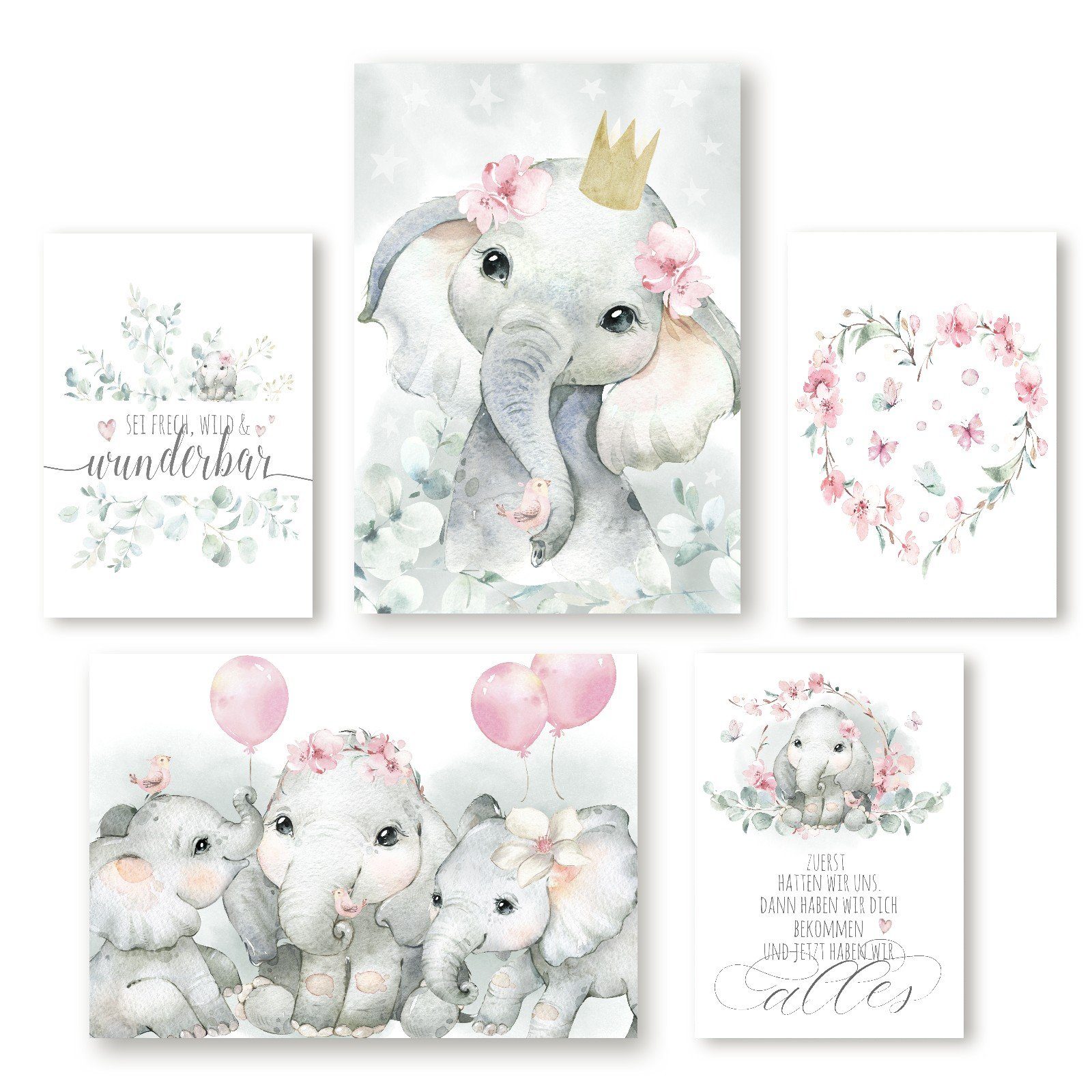 homestyle-accessoires Плакат Kinderbilder Kinderzimmer Изображенияset SWEET ELEFANTS ELEFANTEN, (5 St), - Ohne Изображенияrahmen - sorgfältige & sichere Verpackung