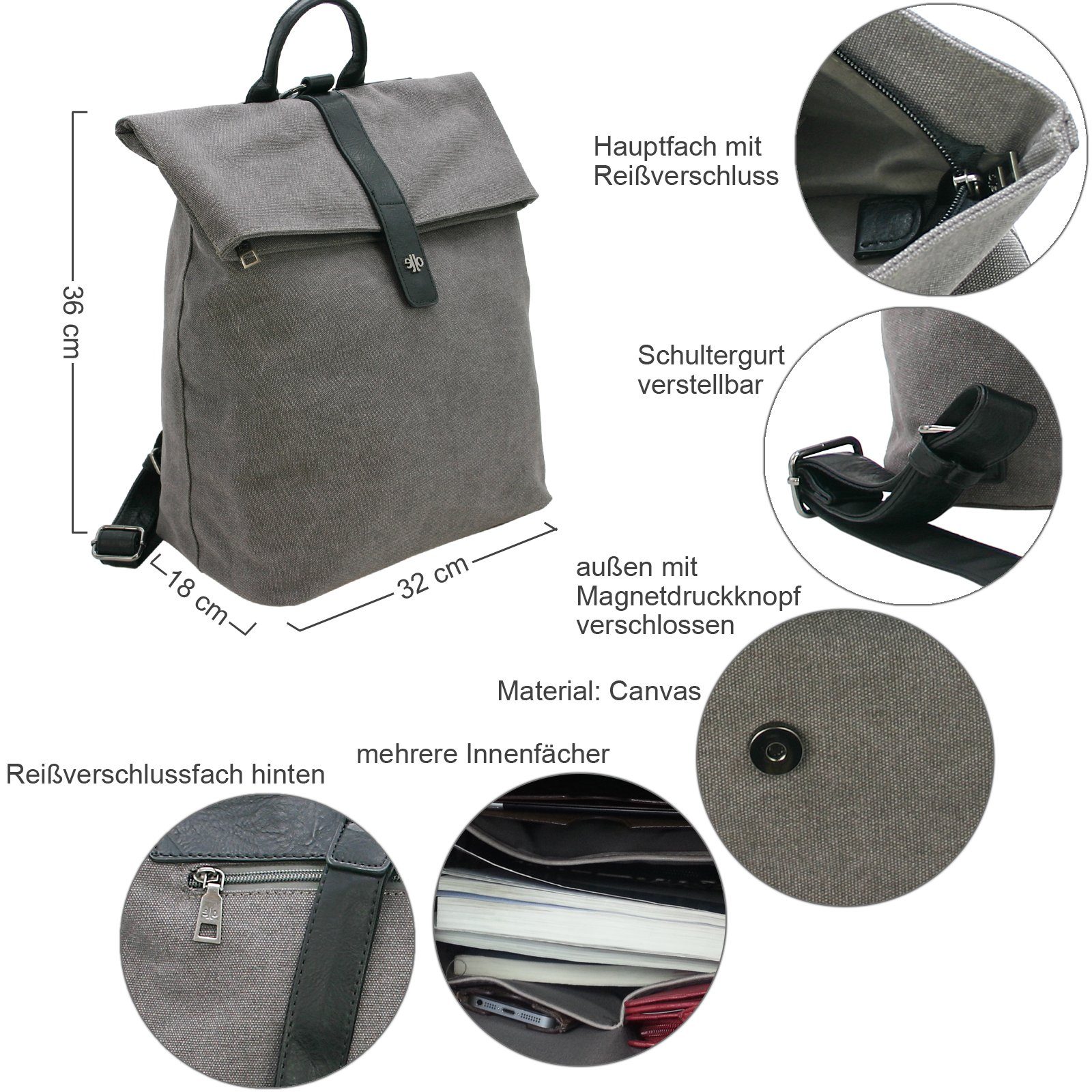 J JONES JENNIFER JONES Daypack - Casual Damen Rucksack aus Canvas - mit Tabletfach - 15 Liter