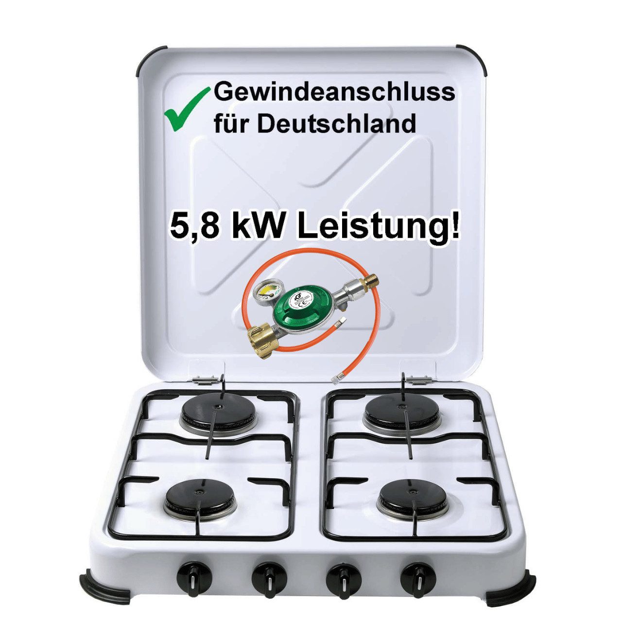 BlueCraft Gaskocher 4 flammig 50mbar Propan Gas Campingkocher 5,8 kW Gas-Kochfeld Gasherd, (mit Schlauch 100 cm und Gas Regler Druckminderer mit Manometer), Camping Gas Kocher 4 flammen für Gasflasche