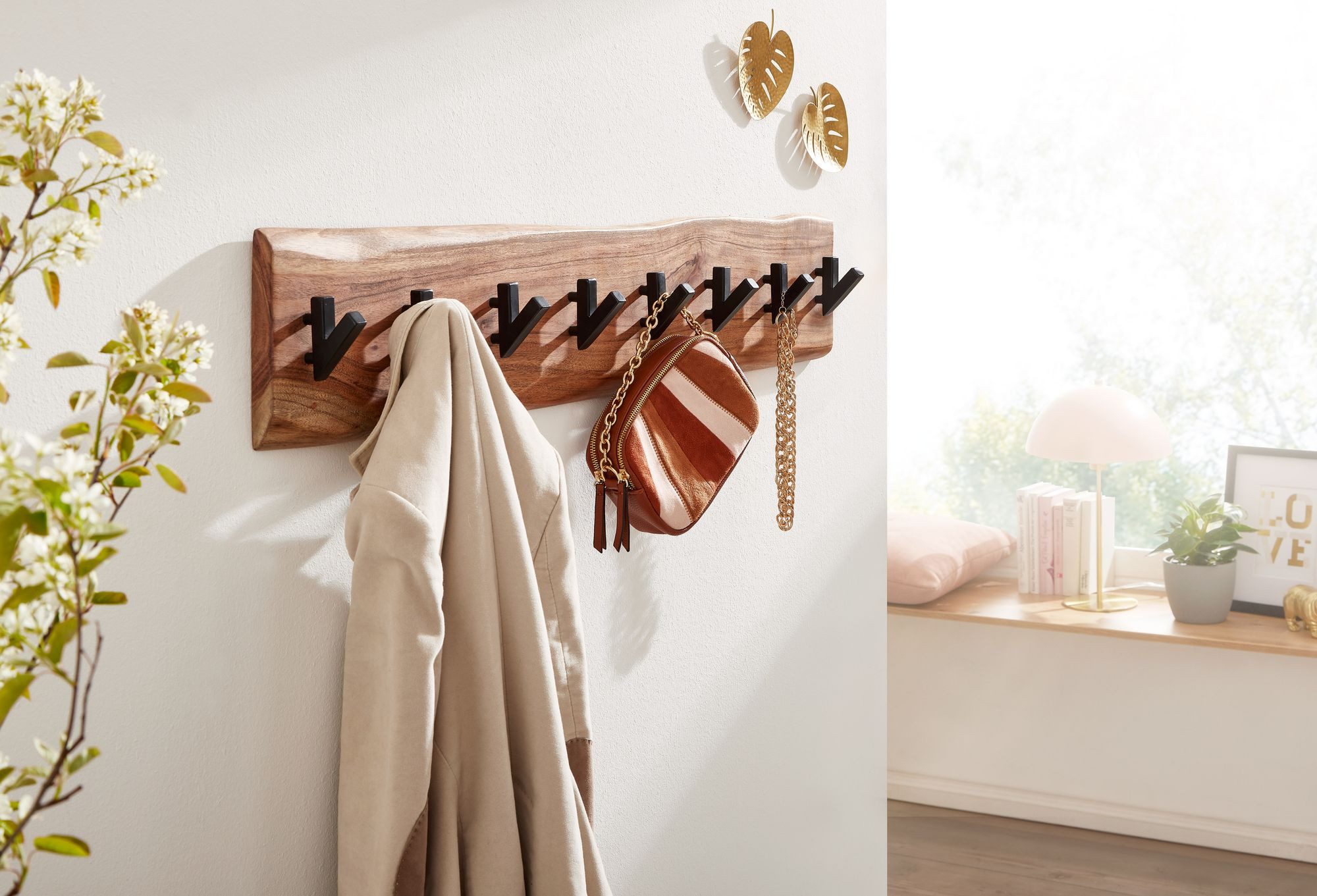 FINEBUY Garderobenpaneel Wandgarderobe Holz Metall Garderobe Flur Massivhol günstig online kaufen