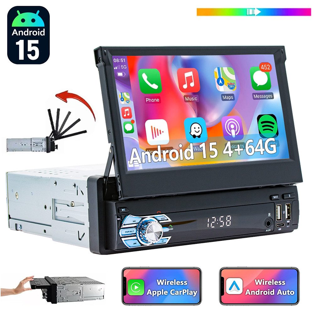 ESSGOO DAB+ 4+64G 1DIN 7'' Flip Out Android 15 Carplay Autoradio GPS WIFI FM Autoradio (Digitalradio (DAB), 4+64GB(optional), RDS, AM, FM, Carplay Android Auto Bluetooth EQ USB GPS Navi WIFI Touchscreen)