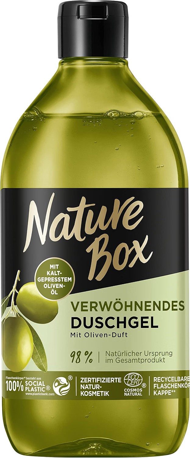 Nature Box Duschgel 1x Nature Box Duschgel (385 ml), verwöhnend mit Oliven-Duft, 1-tlg., vegane & ph-hautneutrale Formel mit kaltgepresstem Oliven-Öl