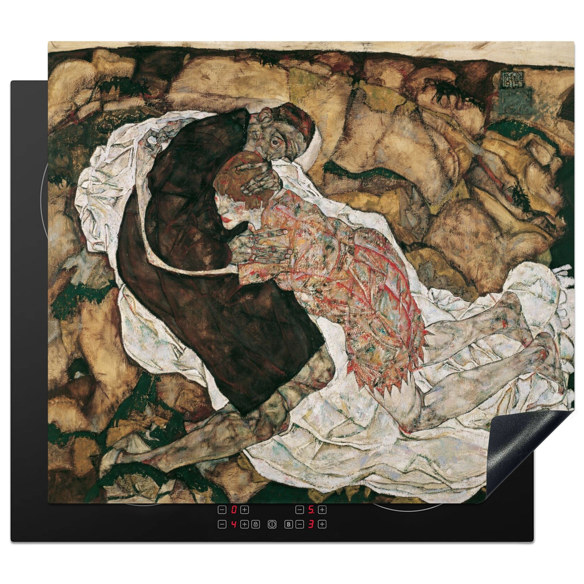 MuchoWow Herdblende-/Abdeckplatte Der Tod und die Jungfrau - Egon Schiele, Vinyl, (1 tlg), 59x52 cm, Ceranfeldabdeckung für die küche, Induktionsmatte