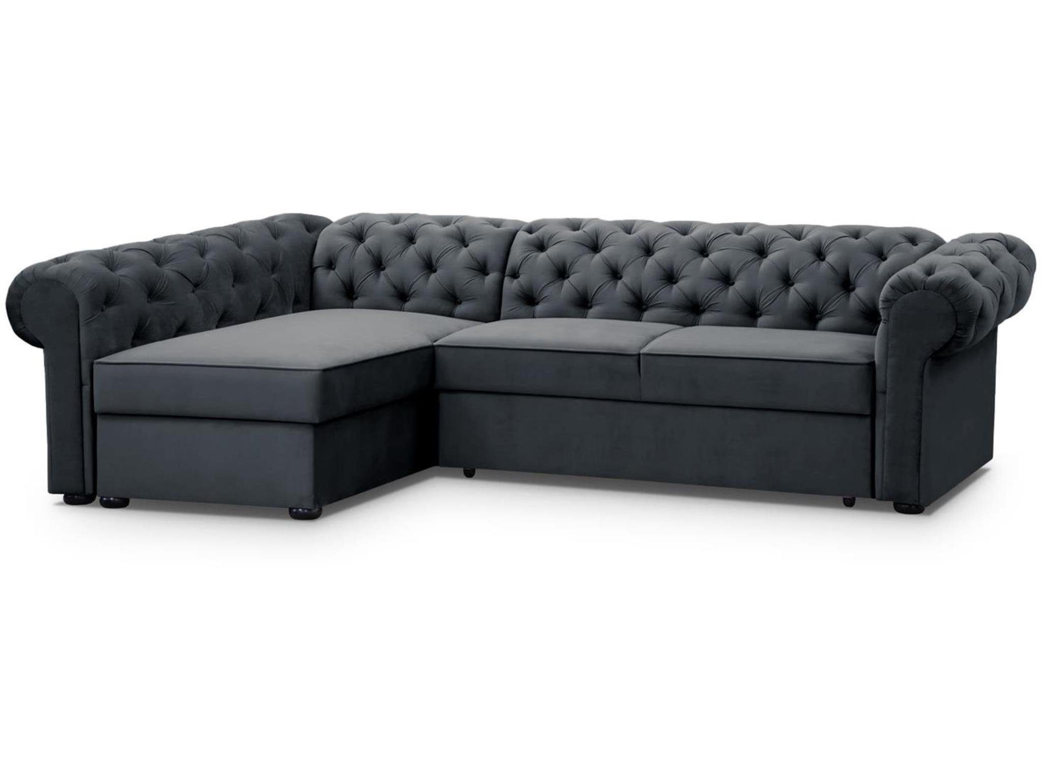 Beautysofa Ecksofa Chester L – Elegantes Chesterfield‑Ecksofa aus Velours, Polsterecke mit Bettkasten & Schlaffunktion, Liegefläche: 124x209 cm Polsterecke mit Bettkasten & Schlaffunktion
