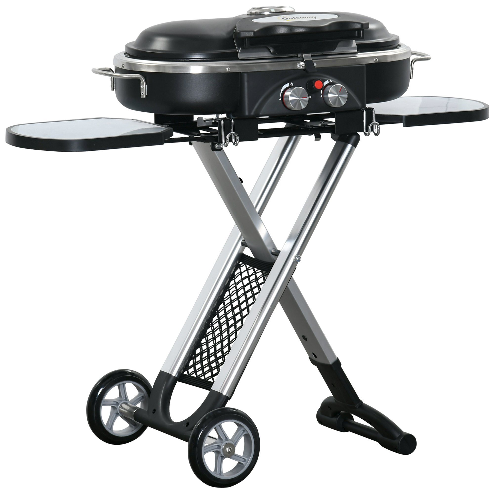 Outsunny Gasgrill mit 2 Brenner Grillnetz Seitenablage Rollen, Campinggrill, Grillwagen, Edelstahl Schwarz+Silber 100 x 41,6 x 82,5 cm