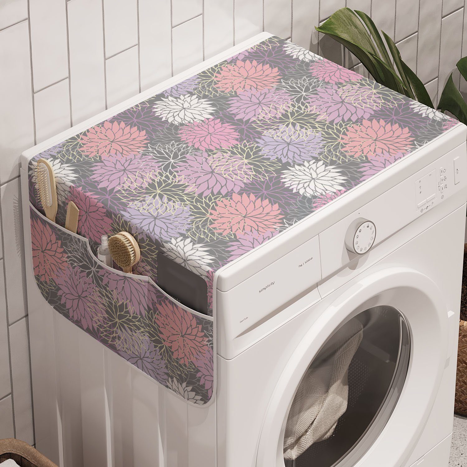 Abakuhaus Badorganizer Anti-Rutsch-Stoffabdeckung für Waschmaschine und Trockner, Rosa und Grau Botanischer Blossom