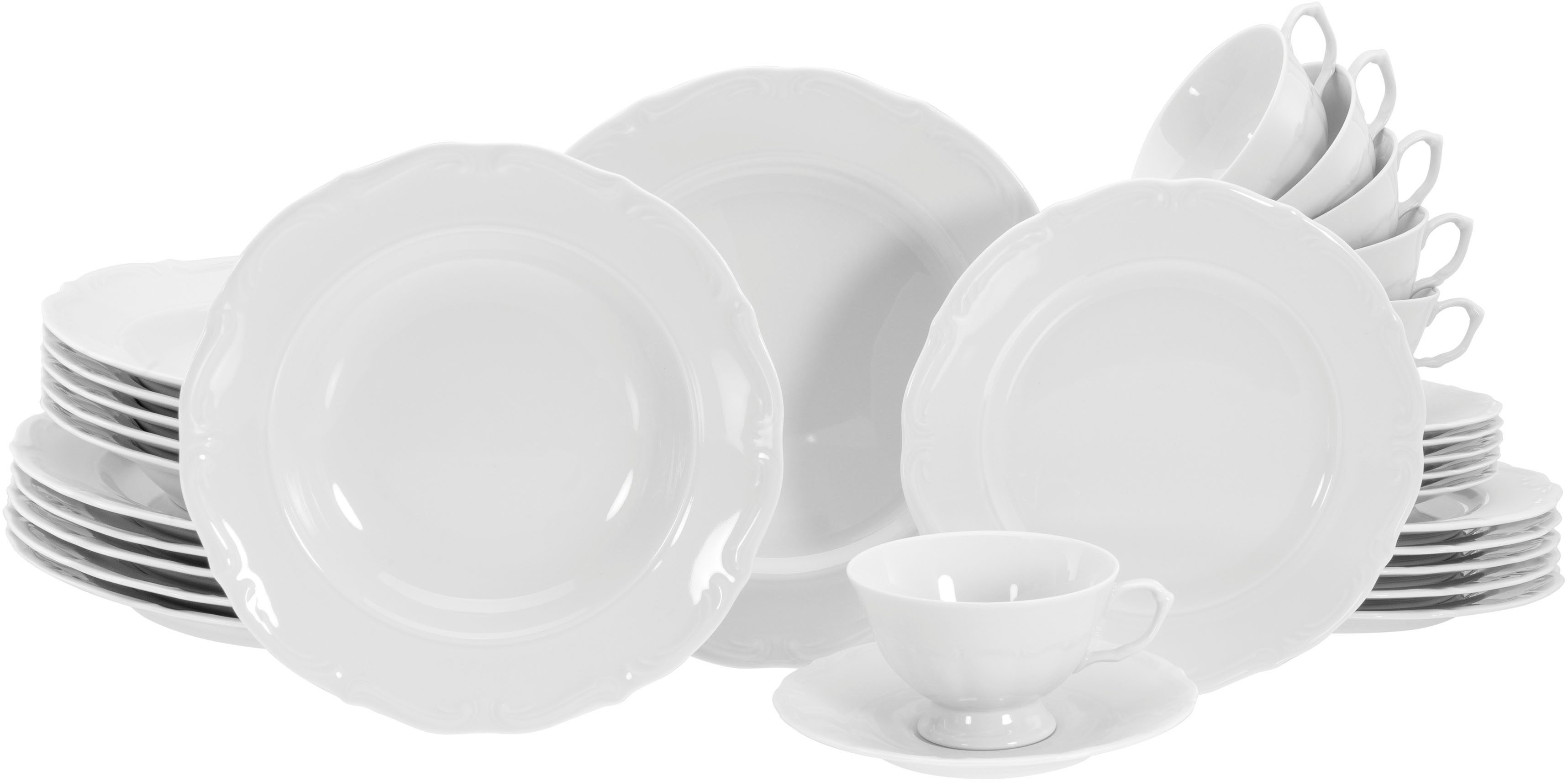 CreaTable Kombiservice Geschirr-Set Maria Theresia (30-tlg), 6 Personen, Porzellan, Service, weiß, klassische, traditionelle Form, 30 Teile für 6 Personen