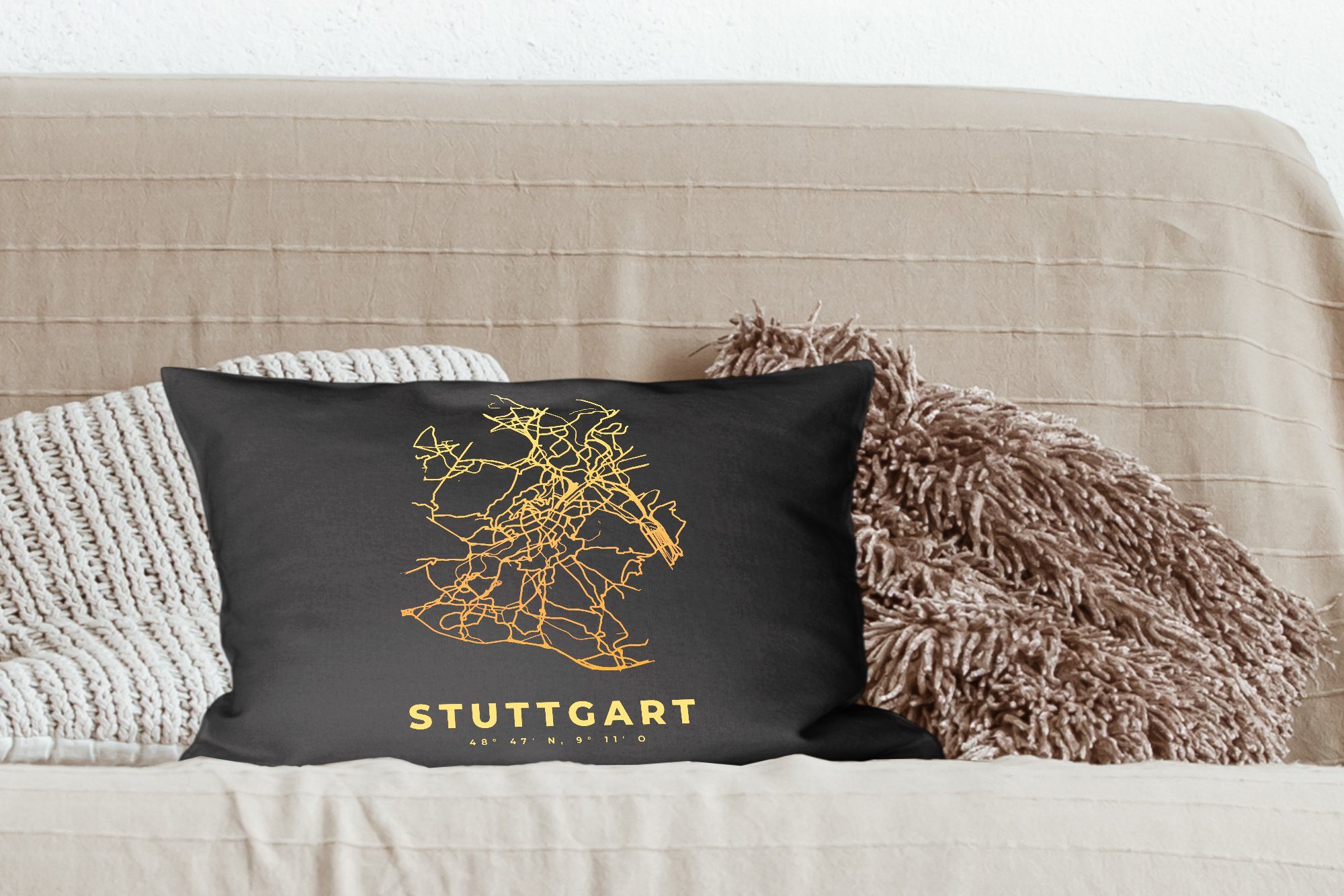Schwarz-Gold Dekokissen Zierkissen, - Dekokissen MuchoWow Schlafzimmer Wohzimmer - Stadtplan, Dekoration, Füllung, mit Karte - Stuttgart